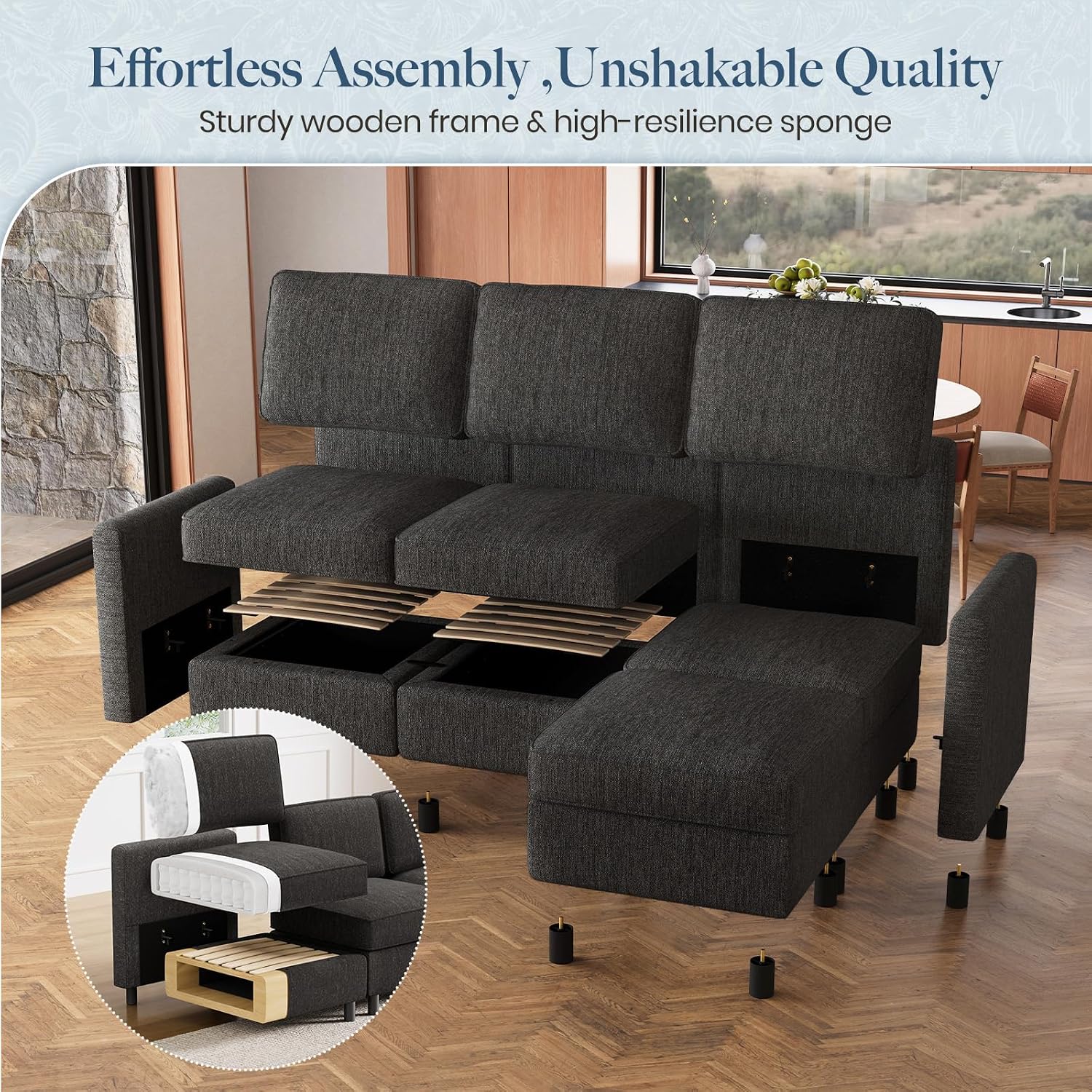 Belffin 84.3' 5 Seats U Shaped Couch Modular Sectional Sofa Washable Sectional Couches for Living Room Comfy Couches with Storage Seat Couch Sofas with Chaise,Dark Grey
