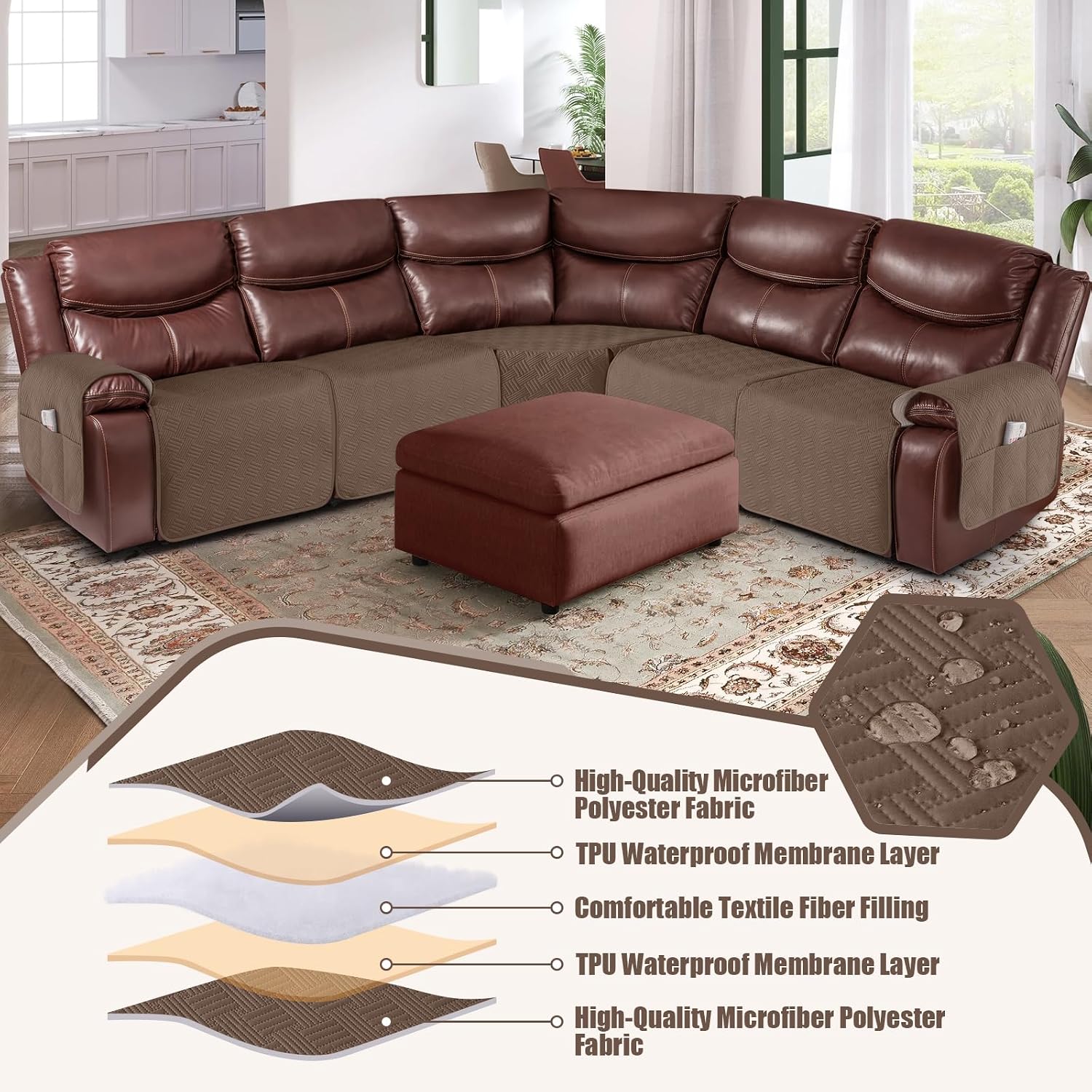 KinCam Waterproof Recliner Sectional Couch Covers, Oversized Reclining Sofa Covers for L Shape Couch, Non Slip Couch Cover for Sofa Washable Slipcover (5 Seat Recliner Cover, Brown)