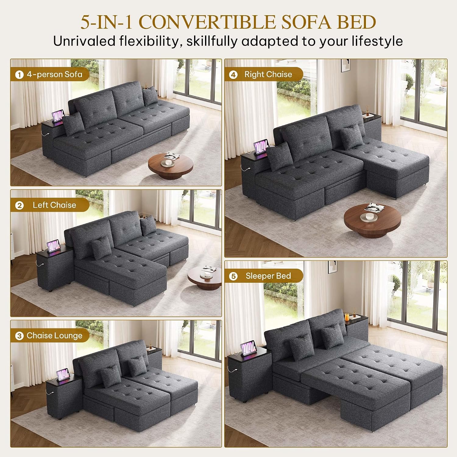 YITAHOME Queen Size Sleeper Sofa, 5-in-1 Convertible Sofa Bed Couch with 2 Storage Cabinets and USB Ports, 100' Sectioanl Sofa Couch with 2 Throw Pillow for Living Room, Grey Linen Fabric