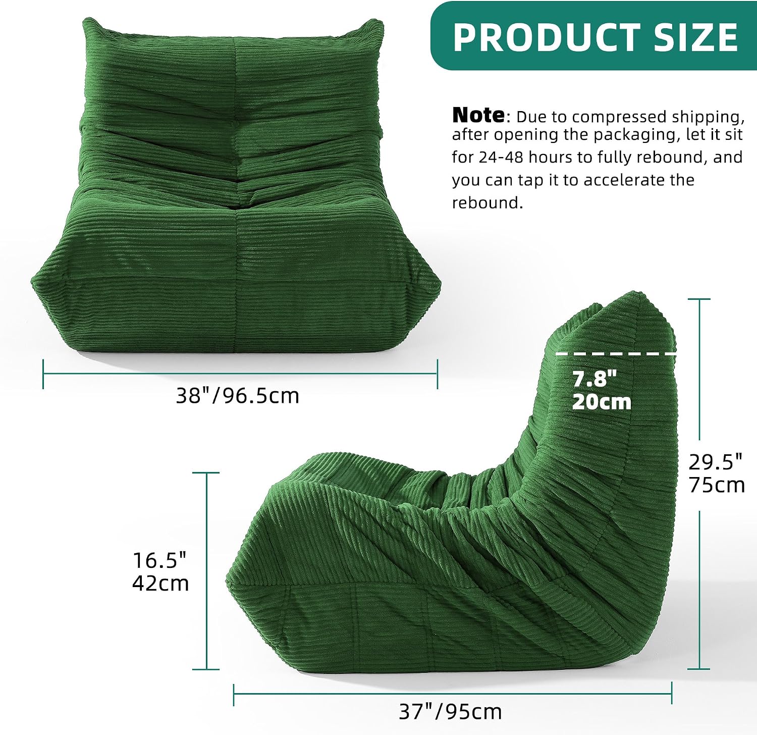 YITAHOME Bean Bag Chairs for Adults, Giant Lazy Floor Sofa with Memory Foam, Comfy Cordury Fireside Chair Beanbags for Living Room Apartment Dorm Office, Green