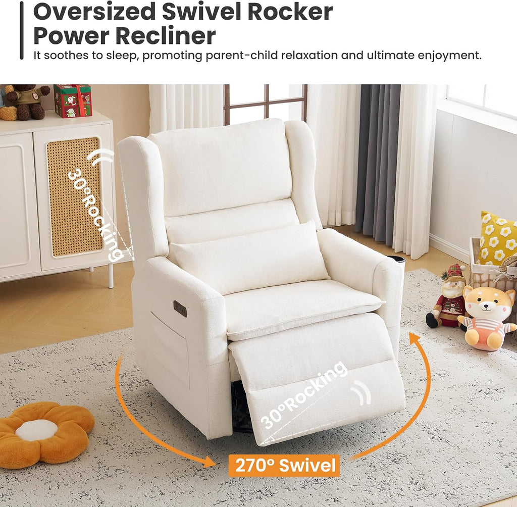 Power Recliner Chair Swivel Glider with Adjustable Headrest，Oversized Swivel Rocker Recliner with Lumbar Support, Upholstered Nursery Glider Recliner for Living Room,White