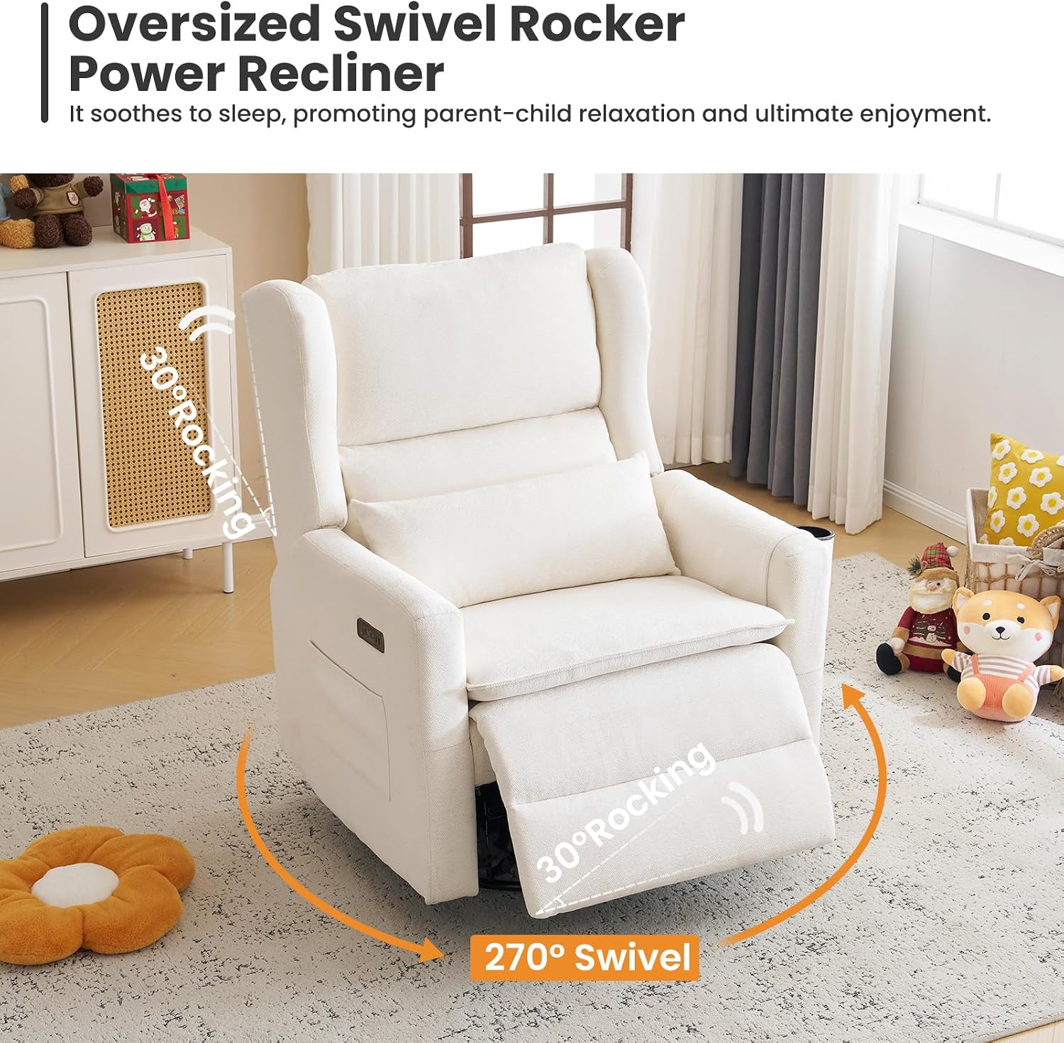 Power Recliner Chair Swivel Glider with Adjustable Headrest，Oversized Swivel Rocker Recliner with Lumbar Support, Upholstered Nursery Glider Recliner for Living Room,White