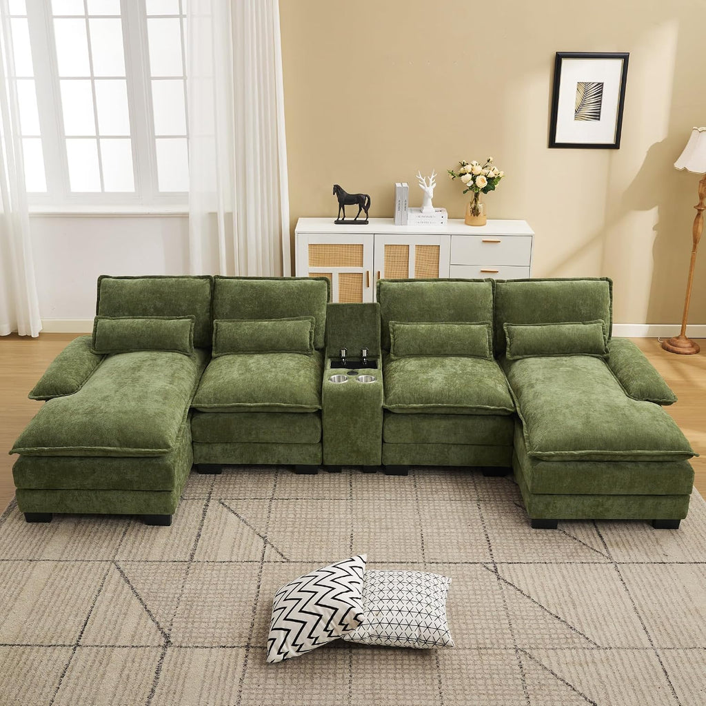125'' U Shaped Cloud Modular Sofa with Chaise Lounges, Chenille Upholstered Comfy Sectional Couch with Storage Console, USB Charging Ports & Cup Holders, Small Deep Seat Sofa for Living Room, Green