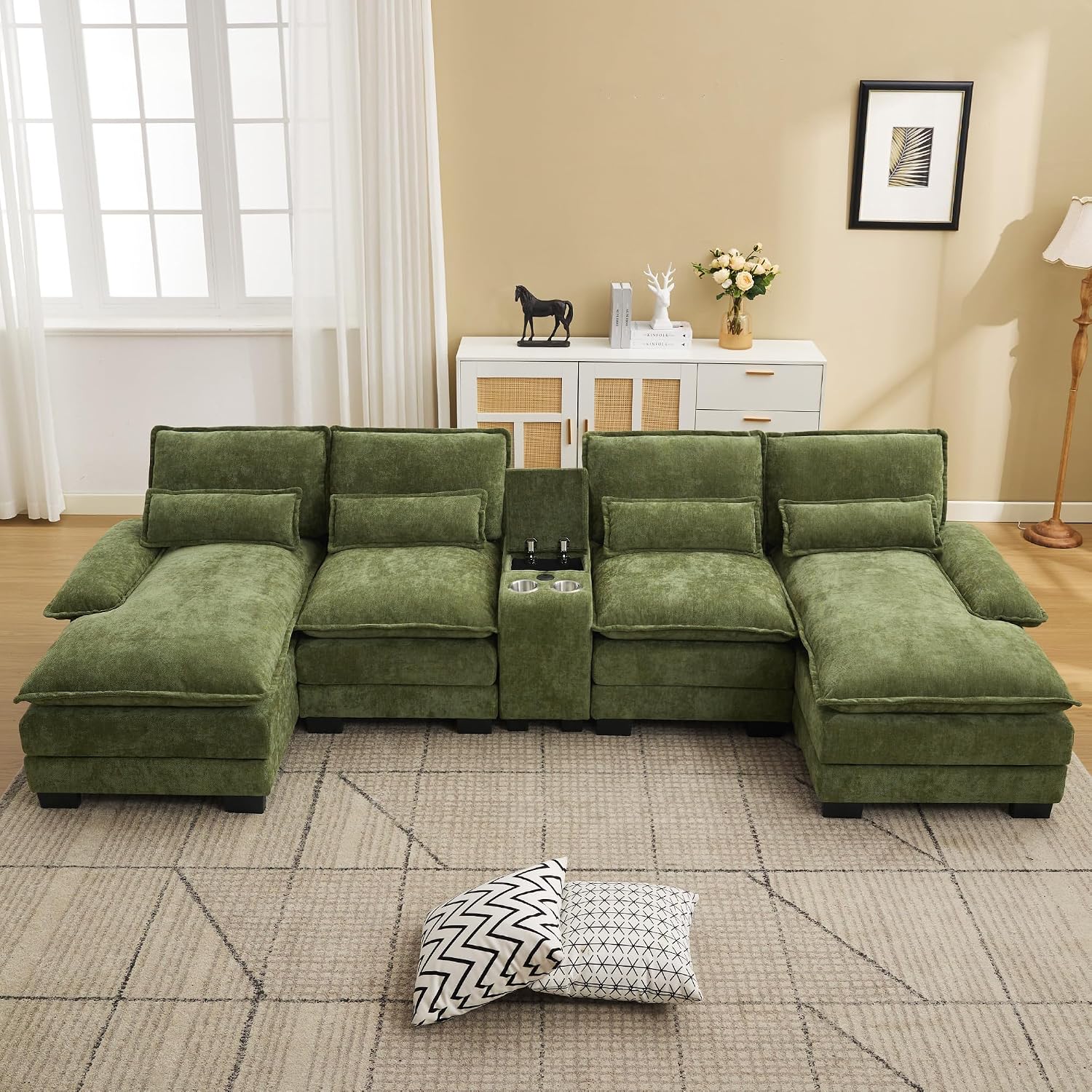 125'' U Shaped Cloud Modular Sofa with Chaise Lounges, Chenille Upholstered Comfy Sectional Couch with Storage Console, USB Charging Ports & Cup Holders, Small Deep Seat Sofa for Living Room, Green