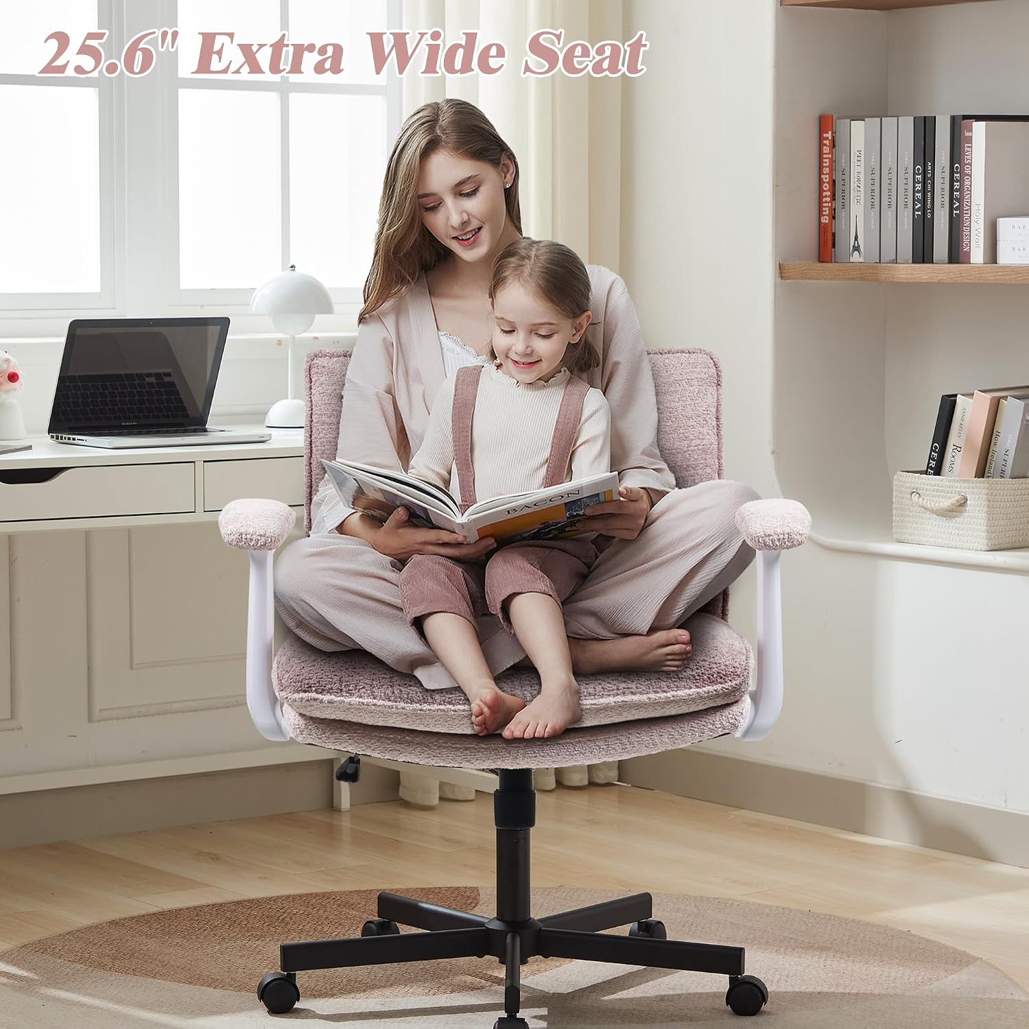 Kassipo Criss Cross Legged Office Chair with Wheels and Flip-Up Arms, Upholstered Criss Cross Desk Chair, Wide Seat Chairs for Home Office, Vanity, Apartment, Pink