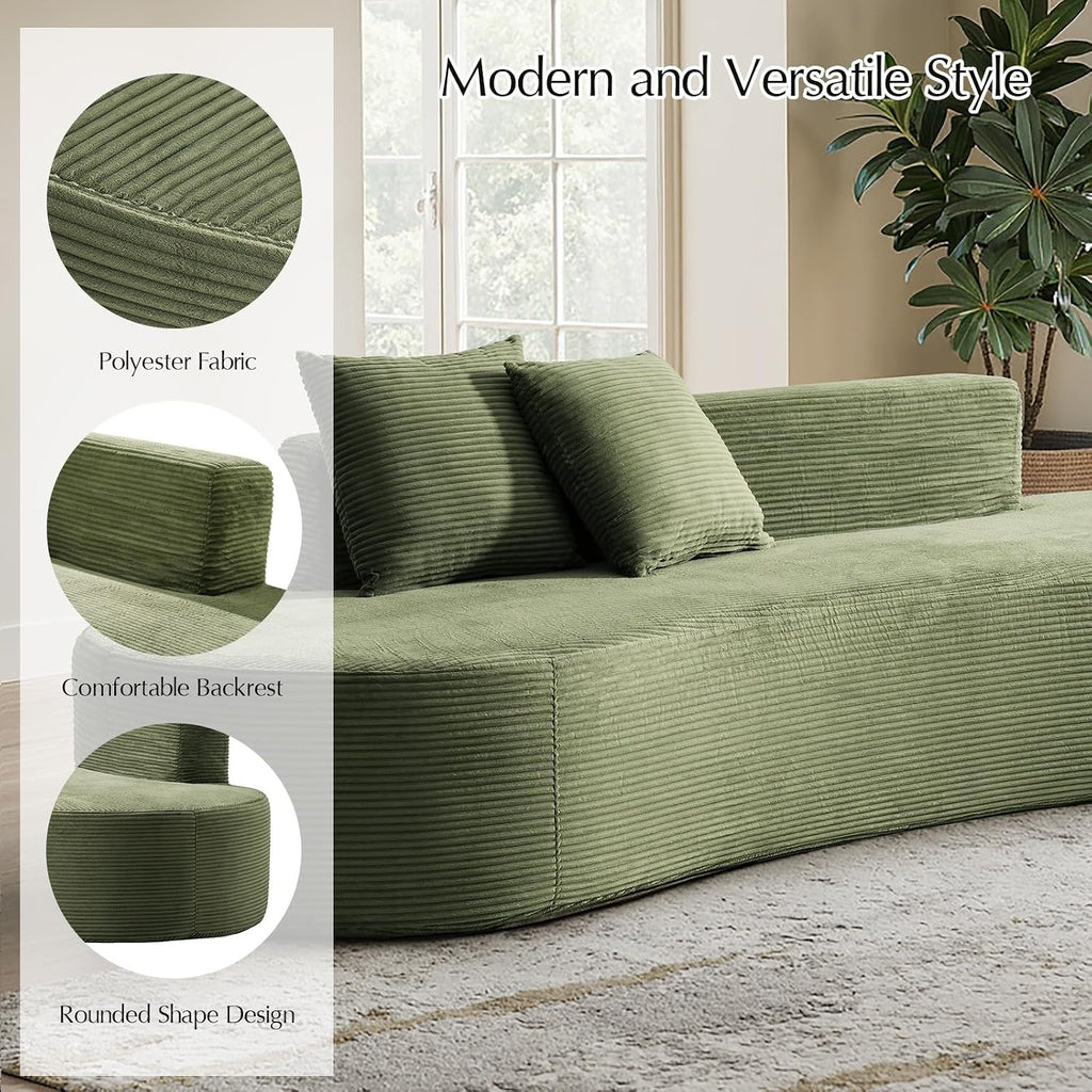 HULALA HOME 94.5' Curved Boneless Couch with Two Pillows, Oversized 3 Seater Compressed Foam Sofa with Deep Seat, Modern Cloud Couch for Living Room, No Assembly Required, Green
