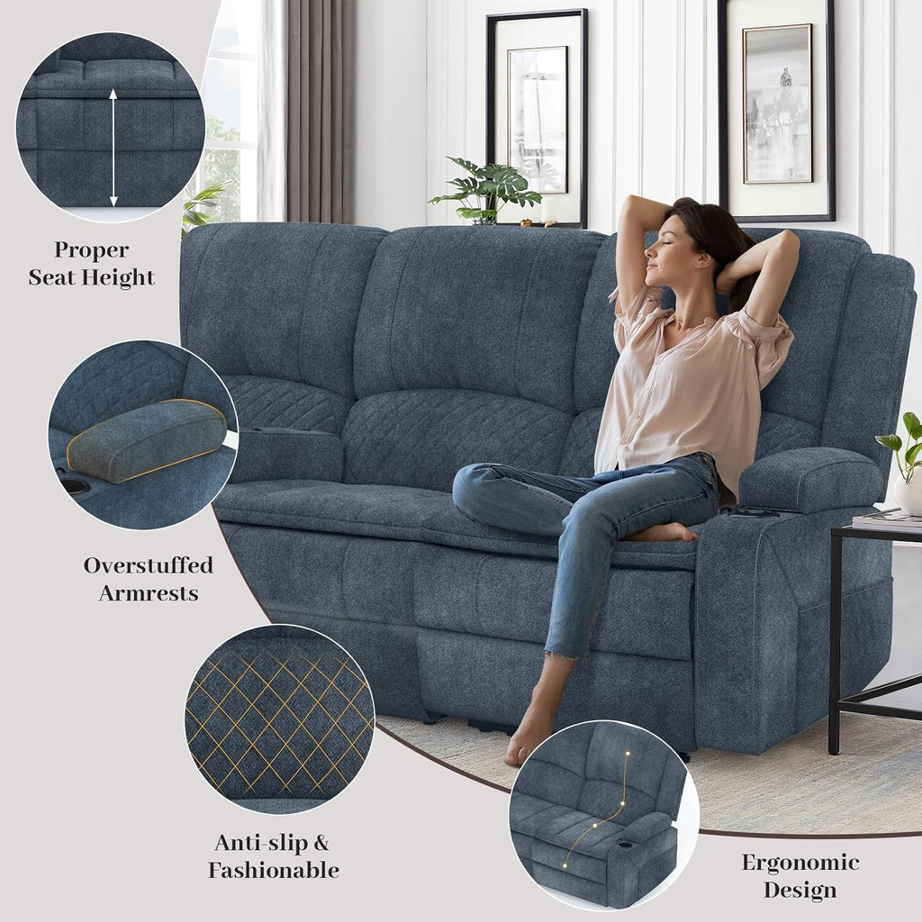Yolsali 3-Seater Recliner Sofa, Manual Reclining Couch with Multi-Functional Middle Seat, Reclining Sofa for Living Room with Hidden Storage Space, Cup Holders, and Removable Console