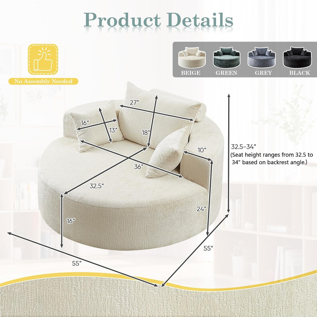 Oversized Round Chaise Longue Chair Indoor, Modern 55-inch Upholstered Chenille Deep Seat Circle Single Cloud Lounge Floor Sofa Chair for Living Room, Bedroom Apartment, Beige