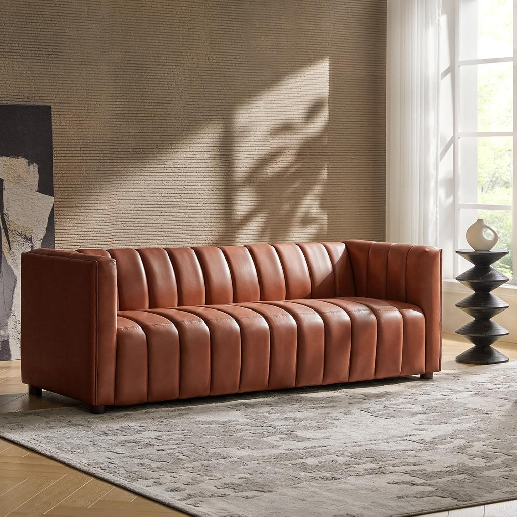 HULALA HOME 83' Genuine Leather Sofa with Channel Tufted Design, 3-Seater Sofa for Living Room Bedroom, Modern Oversized Couch with Wood Legs, Brown