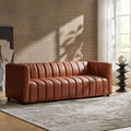 HULALA HOME 83' Genuine Leather Sofa with Channel Tufted Design, 3-Seater Sofa for Living Room Bedroom, Modern Oversized Couch with Wood Legs, Brown