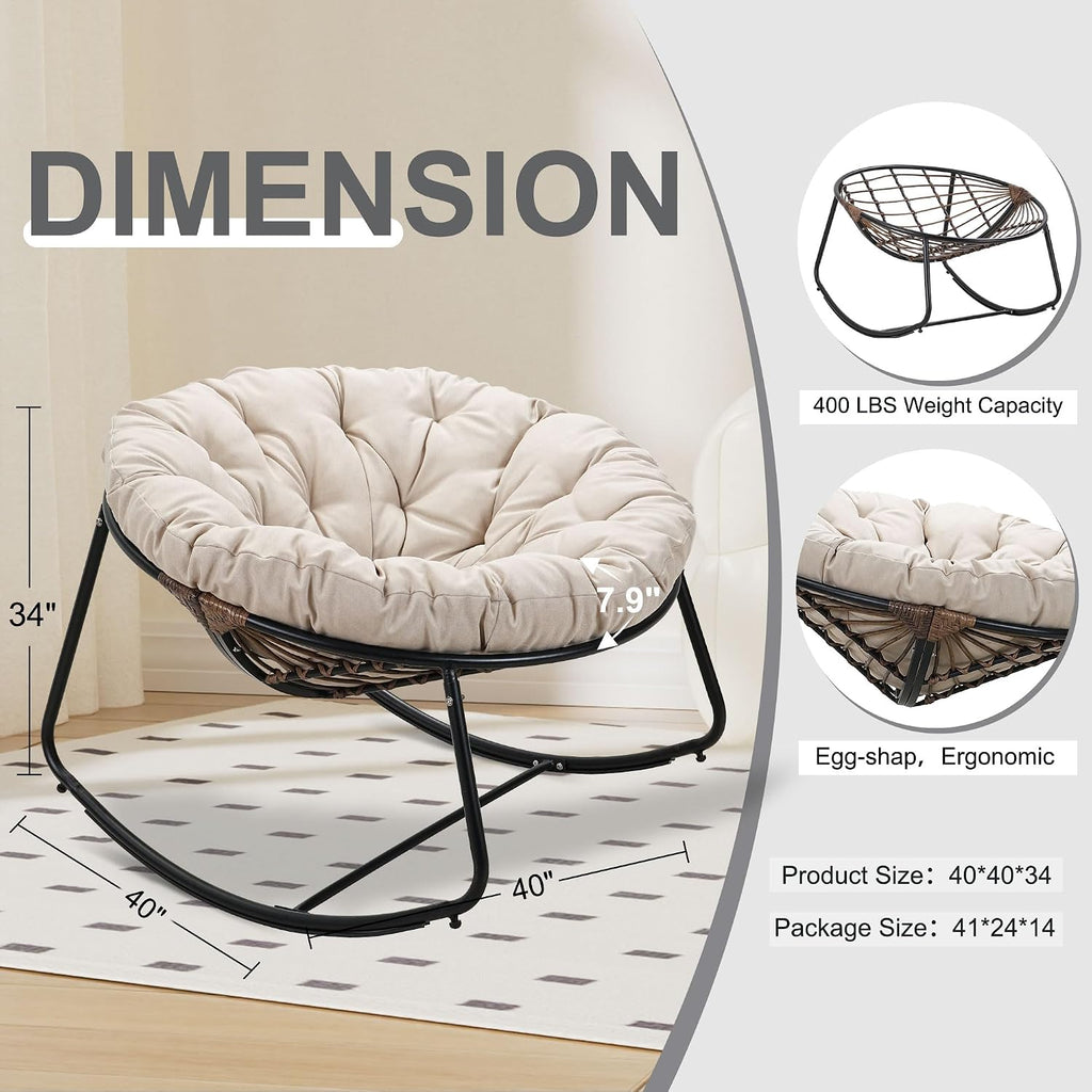 Outdoor Rocking Chair, Indoor & Outdoor Comfy Oversized Papasan Chair with Padded Cushion, Oversized Metal Frame Egg Chair for Living Room, Patio, Front Porch, Backyard