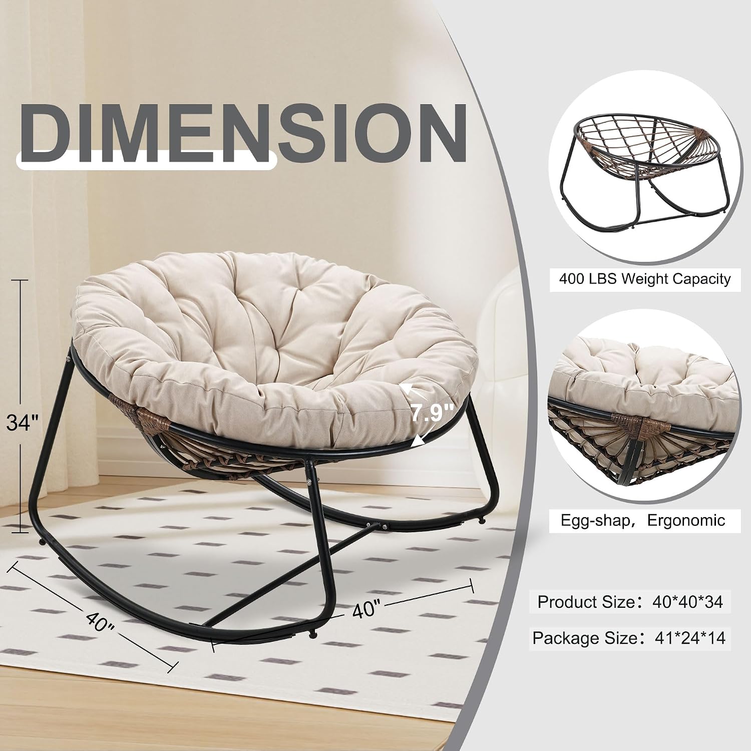 Outdoor Rocking Chair, Indoor & Outdoor Comfy Oversized Papasan Chair with Padded Cushion, Oversized Metal Frame Egg Chair for Living Room, Patio, Front Porch, Backyard
