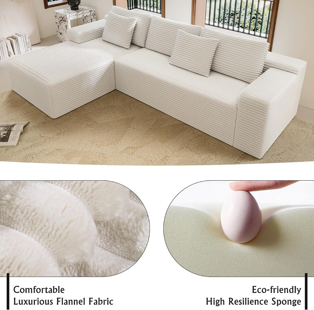 Sectional Couches for Living Room Corduroy Couch, 104' Cloud Boneless Couch with L-Shape Chaise, Modern Modular Sofa, Deep Seat Comfort, No Assembly Required(Plush Corduroy, Right Facing Chaise)