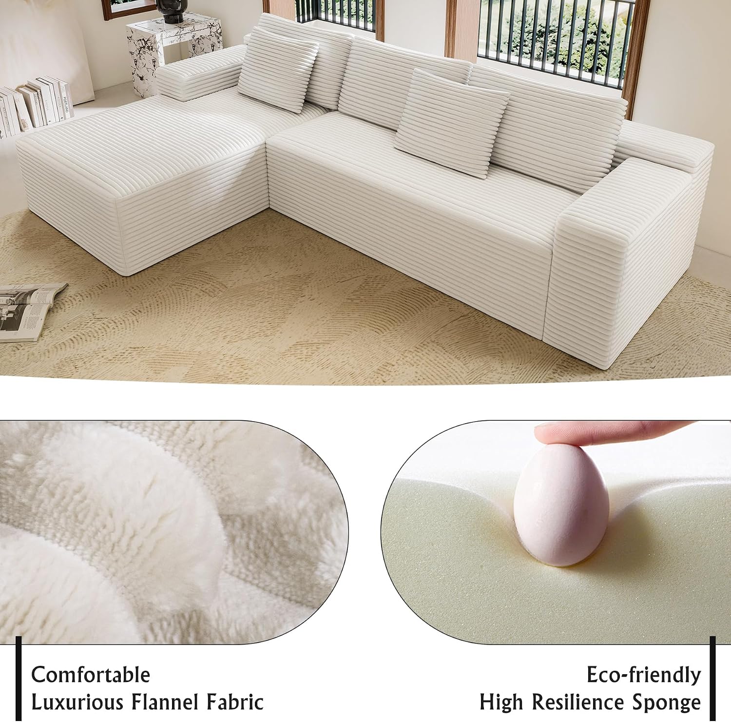Sectional Couches for Living Room Corduroy Couch, 104' Cloud Boneless Couch with L-Shape Chaise, Modern Modular Sofa, Deep Seat Comfort, No Assembly Required(Plush Corduroy, Right Facing Chaise)