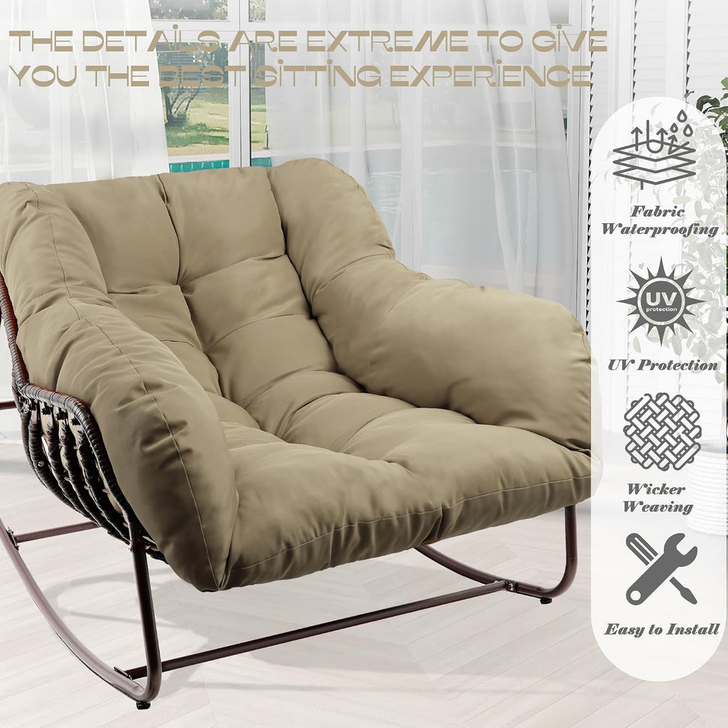 Papasan Rocking Chair Indoor & Outdoor, Oversized Patio Rocking Chairs with Padded Cushion& Pillow-Comfortable Rocker Egg Chair for Front Porch, Garden, Patio, Backyard,Brown,2PC