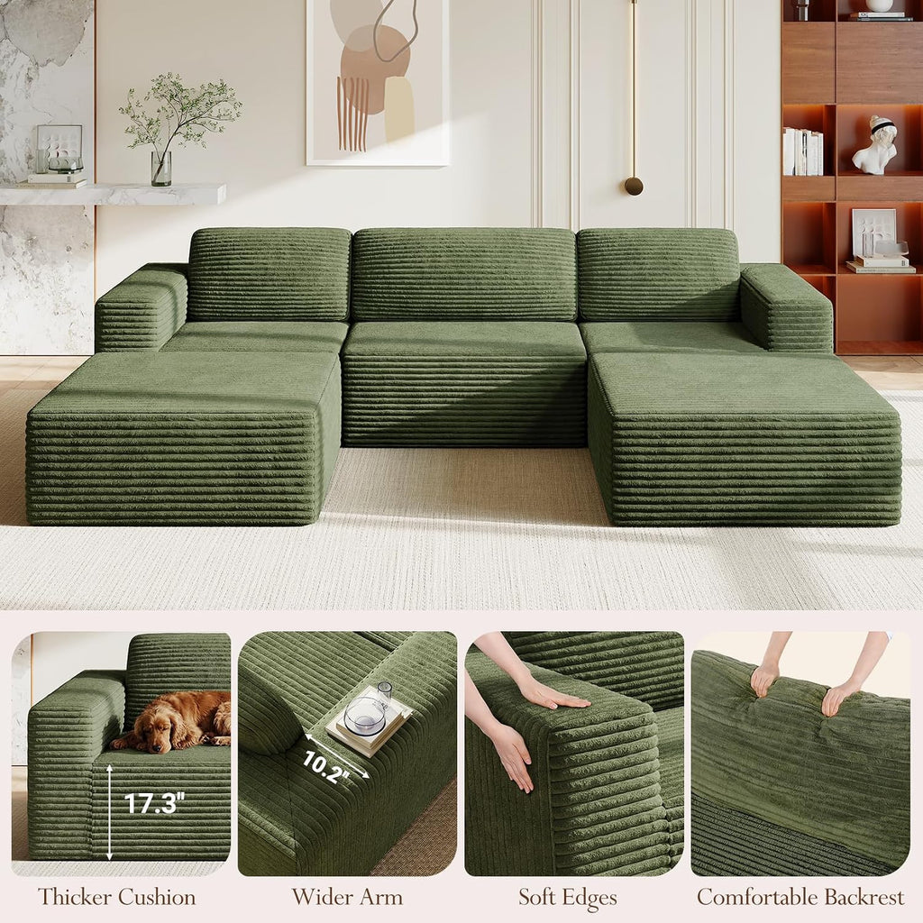 Vesgantti 119' Oversized U-Shaped Modular Sectional Sofa, Corduroy Cloud Couch with Deep Seating & Spring Support, Convertible Sofa with 2 Ottomans, Boneless Couch, No Assembly Required, Green