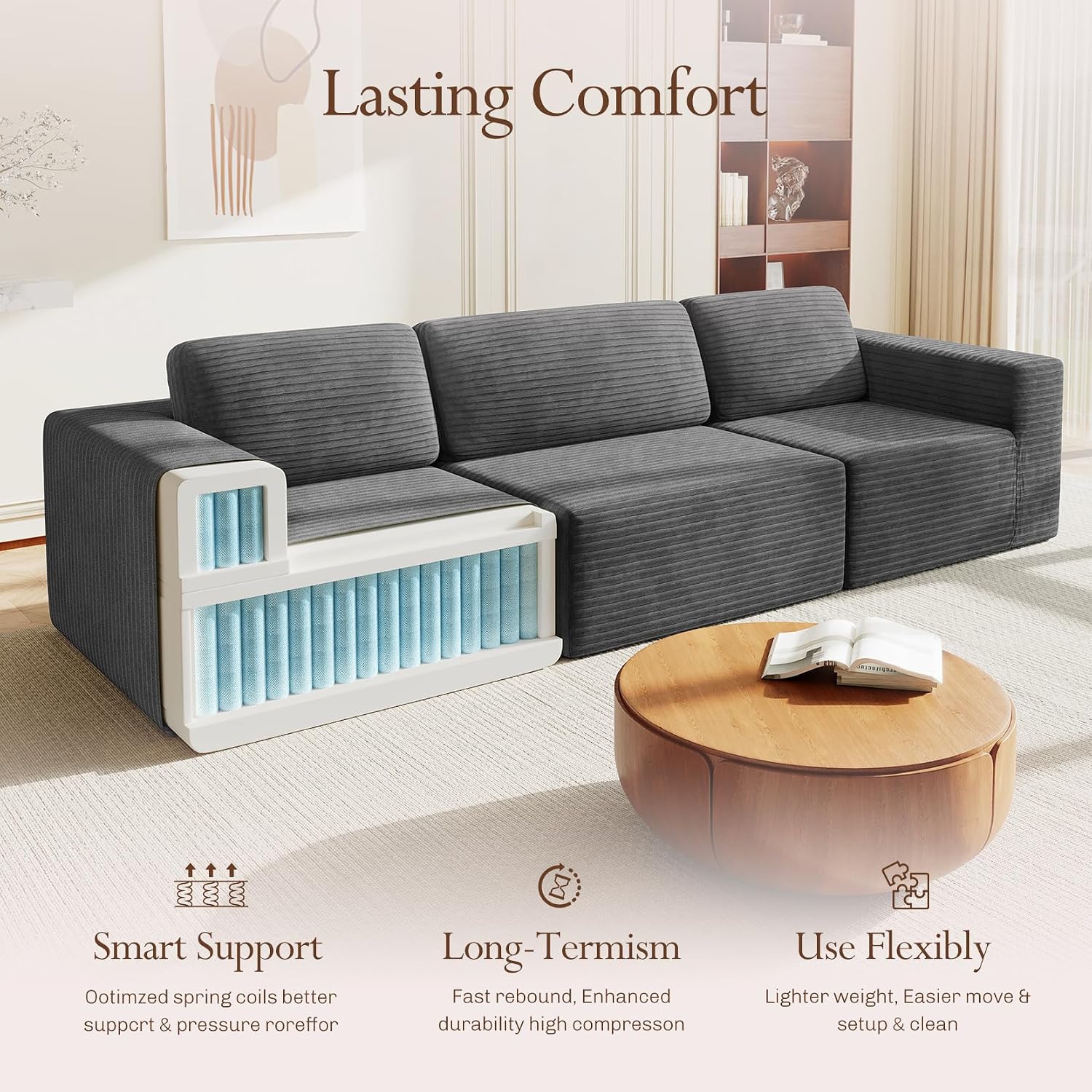 Vesgantti 119' Modular Sectional Sofa, Corduroy Cloud Couch with Deep Seating & Spring Support, 3 Seater Flexible Layout Sofa, Boneless Couch for Living Room & Apartment, No Assembly Required, Grey