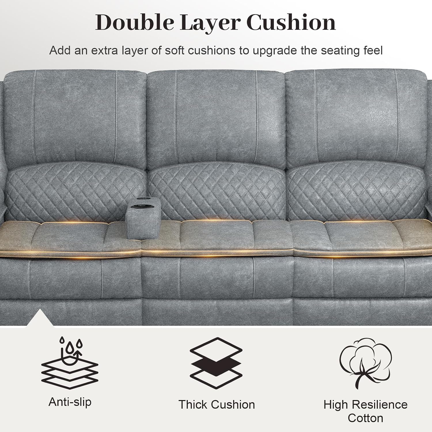 Yolsali 3-Seater Recliner Sofa, Manual Reclining Couch with Multi-Functional Middle Seat, Reclining Sofa for Living Room with Hidden Storage Space, Cup Holders, and Removable Console