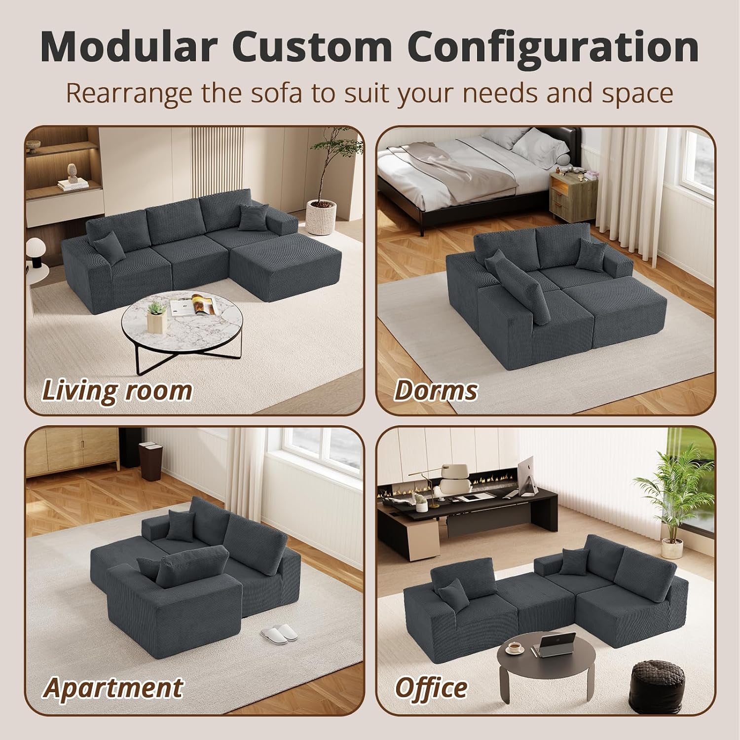 Modular Sectional Couch Modern 108' L Shaped Boneless Cloud Couch with Deep Seat, Sectional Sofa for Living Room Bedroom Apartments Dorms, No Assembly Required, Dark Grey