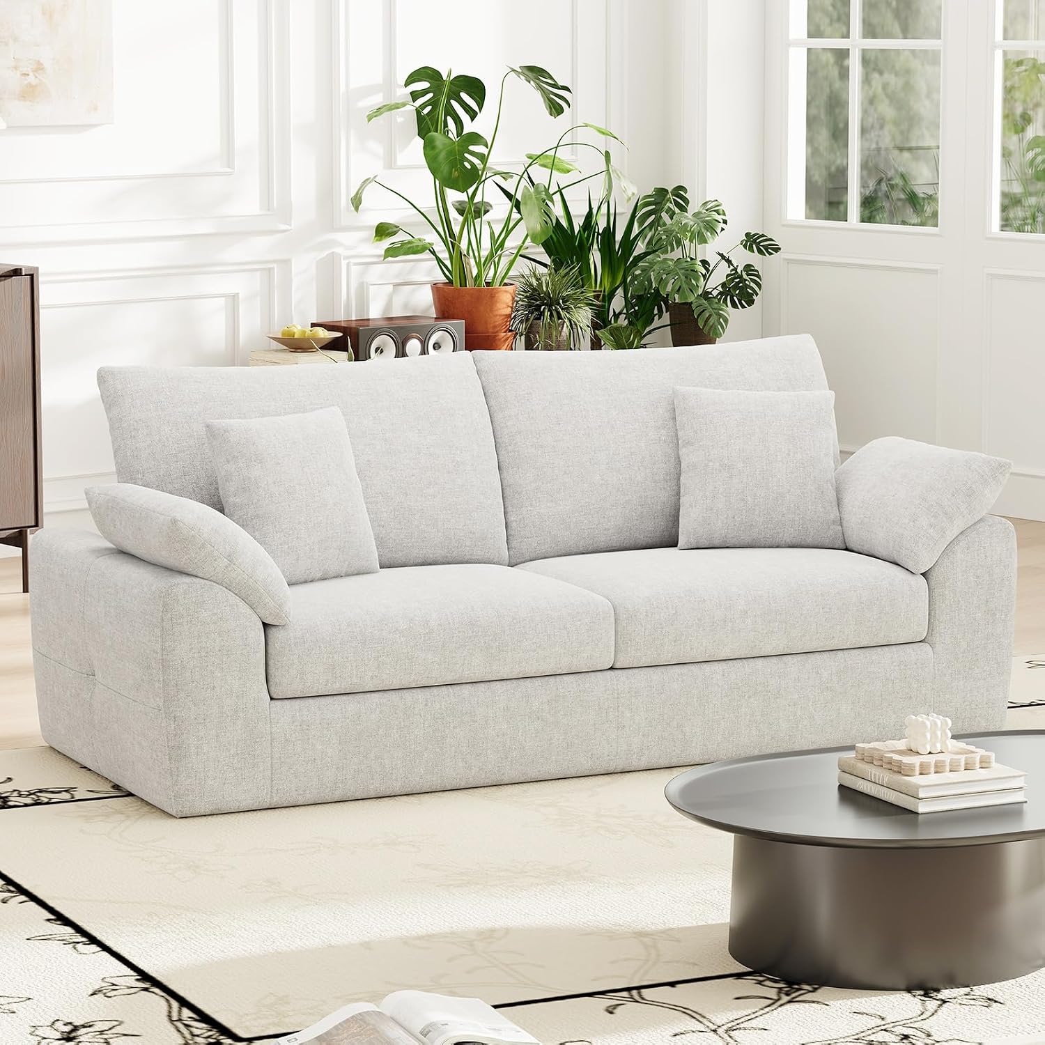 MALOL 90' Boneless Loveseat Sofa, Cloud Foam Couch, 3 Seater Upholstered Midcentury Mondern Love Seat, Wide Armrest and 4 Pillows for Home Living Room/Small Spaces, No Assembly Required, Beige