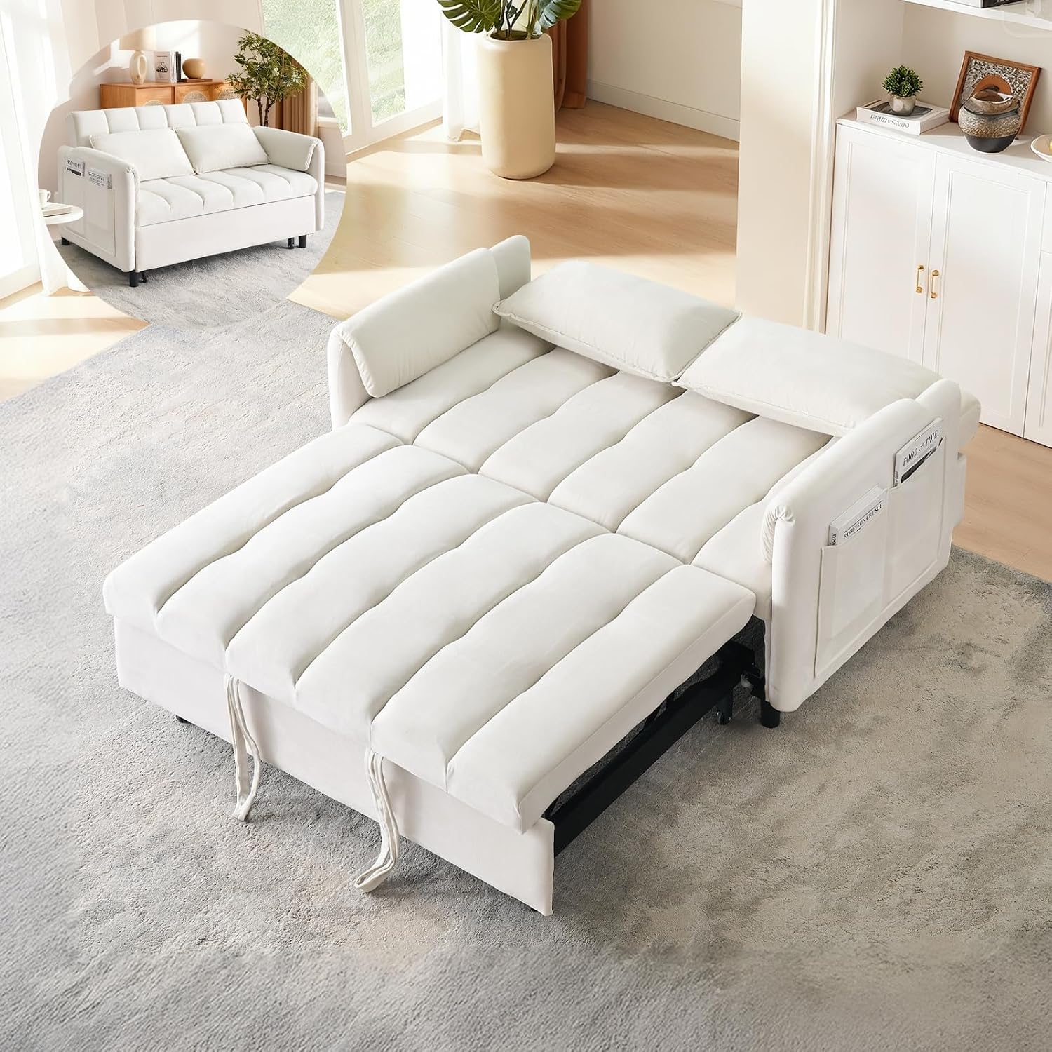 CAPCAEK 3 in 1 Convertible Sleeper Sofa Bed, Modern Velvet Loveseat Pull-Out Couch w/Pullout Bed, Small Love Seat Lounge Sofa w/Reclining Backrest,Toss Pillows, Pockets, for Living Room