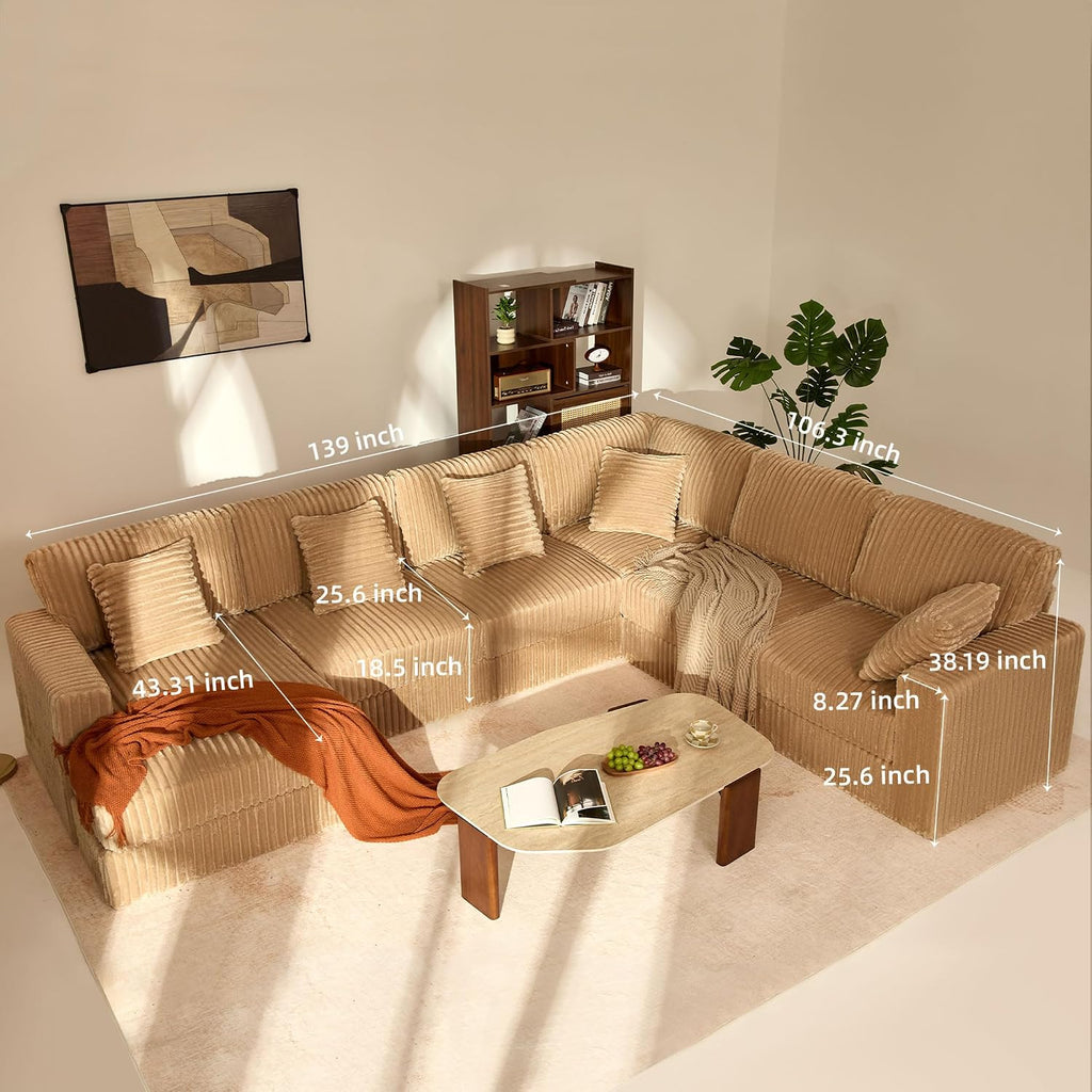 Cloud Couch 139' U-Shaped Couch(Not Boneless), Oversized 7-Seater Modular Couch, Queen Sofa with Corduroy Upholstery, Deep Seats, Pocket Spring Cushions for Living Room, Left Facing Chaise, Camel