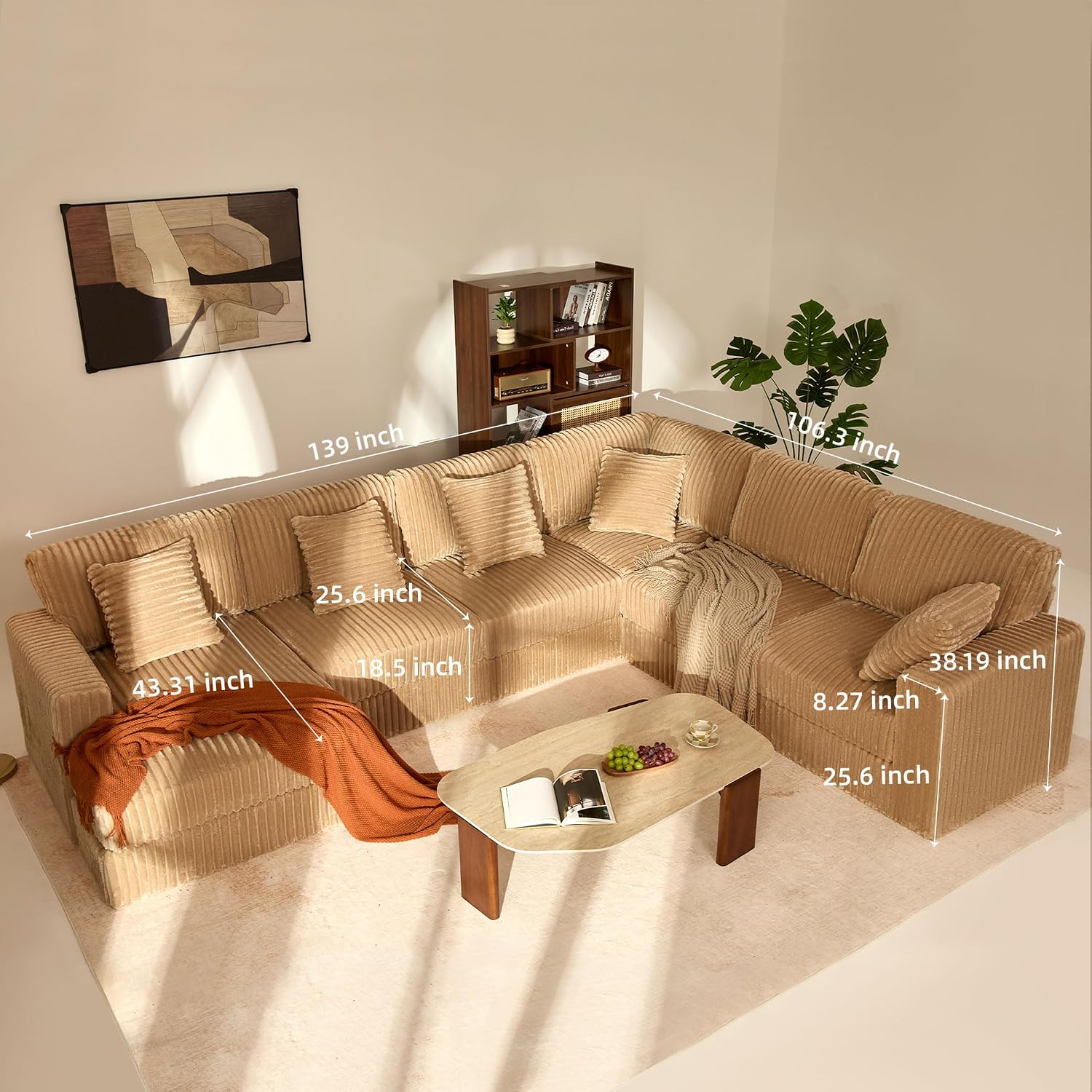 Cloud Couch 139' U-Shaped Couch(Not Boneless), Oversized 7-Seater Modular Couch, Queen Sofa with Corduroy Upholstery, Deep Seats, Pocket Spring Cushions for Living Room, Left Facing Chaise, Camel