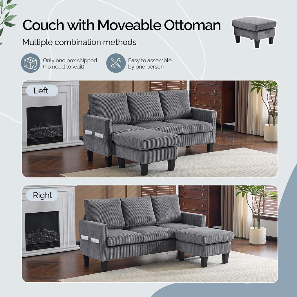 VINGLI 68.5' L Shaped Couch with Movable Storage Ottoman, Convertible Sectional Sofa in Soft Corduroy Fabric, Modern Reversible Chaise Couch for Small Spaces, Apartment, Living Room，Grey