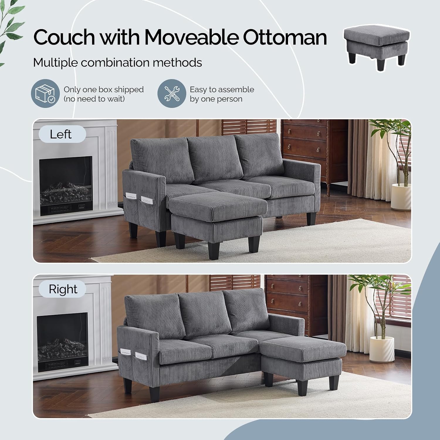 VINGLI 68.5' L Shaped Couch with Movable Storage Ottoman, Convertible Sectional Sofa in Soft Corduroy Fabric, Modern Reversible Chaise Couch for Small Spaces, Apartment, Living Room，Grey