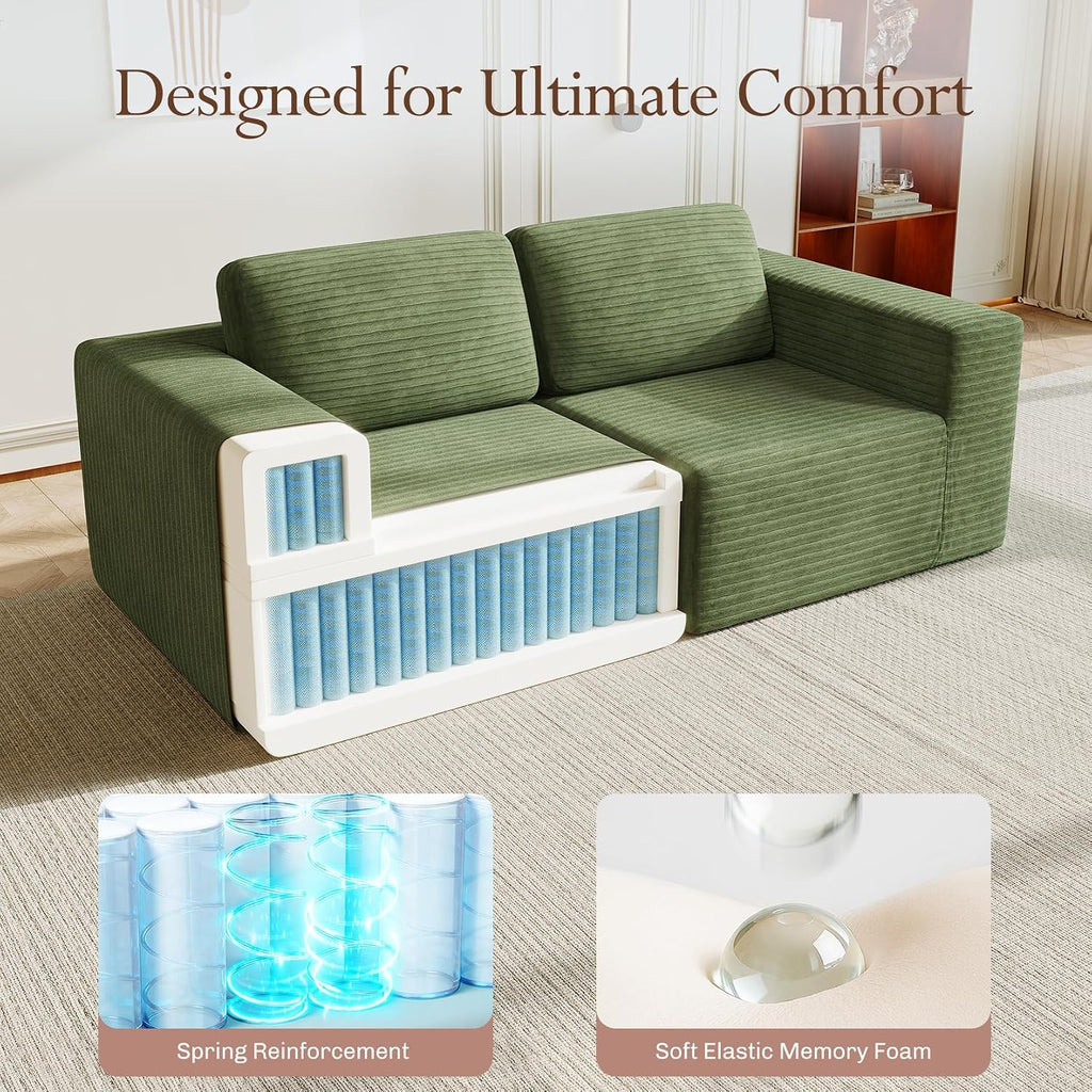Vesgantti 80' Modular Sectional Sofa, Corduroy Cloud Couch with Deep Seating & Spring Support, 2 Seater Compact Modular Couch, Boneless Sectional Sofa for Small Spaces, No Assembly Required, Green