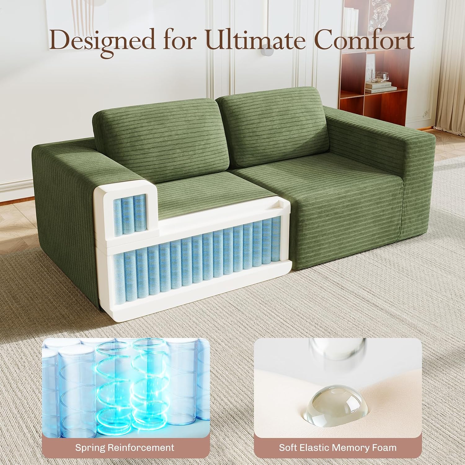 Vesgantti 80' Modular Sectional Sofa, Corduroy Cloud Couch with Deep Seating & Spring Support, 2 Seater Compact Modular Couch, Boneless Sectional Sofa for Small Spaces, No Assembly Required, Green