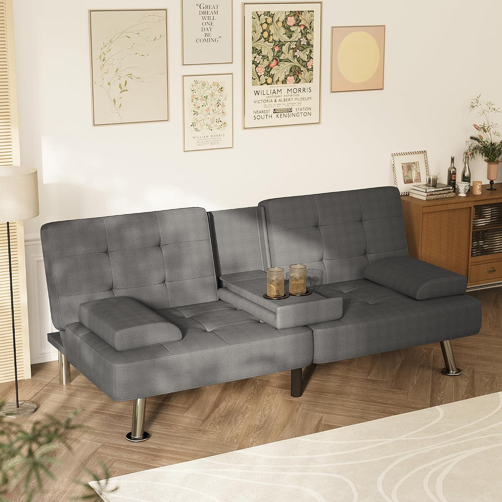 Homall Futon Sofa Bed, Futon Couch with Removable Armrests, Adjustable Recliner Sleeper Sofa Bed with Dual Cup Holders for Living Room, Apartment, Office (Fabric, Dark Grey)