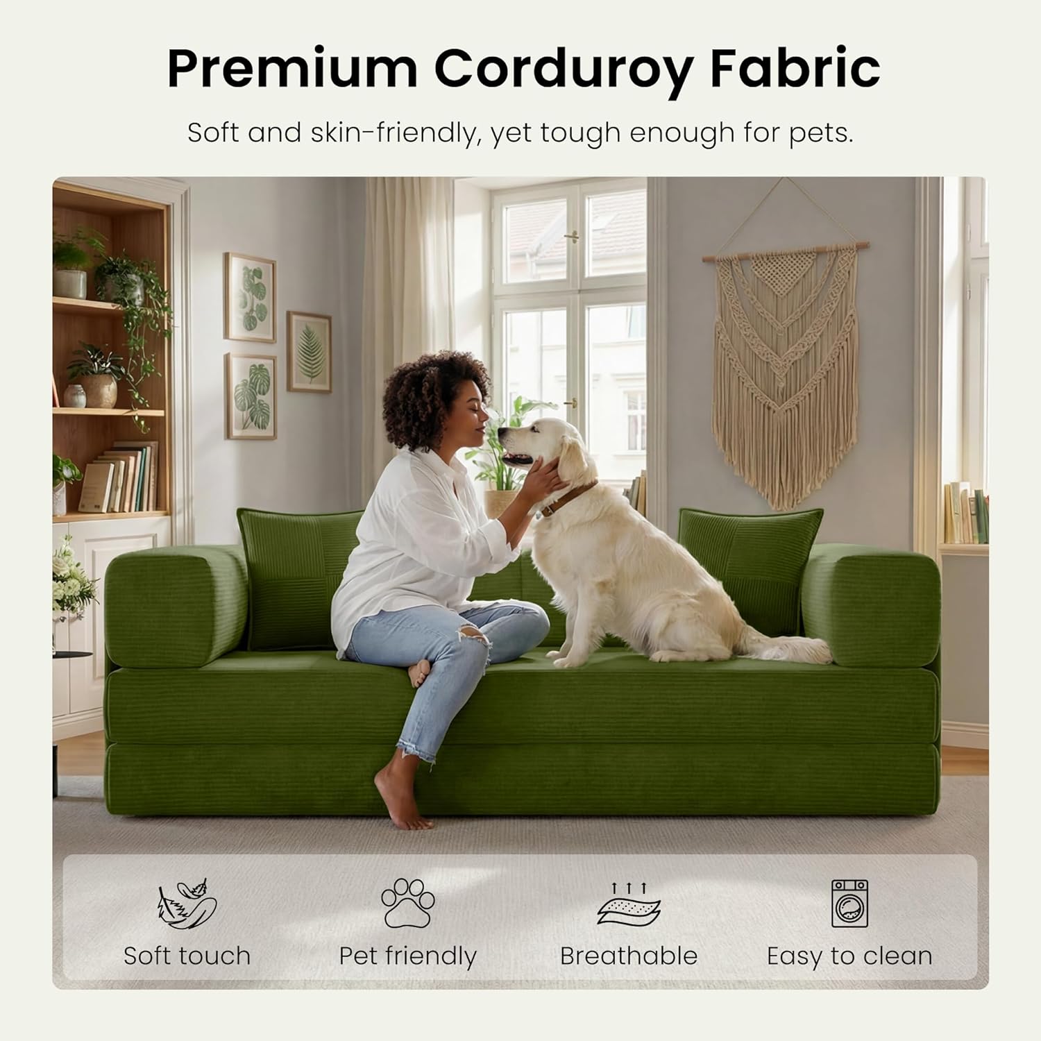 78.8' Convertible Sofa Bed,Corduroy Futon Couch with Storage Pocket,Folding Pull Out Futon Sofa,No Assembly Boneless Couch for Living Room,Green