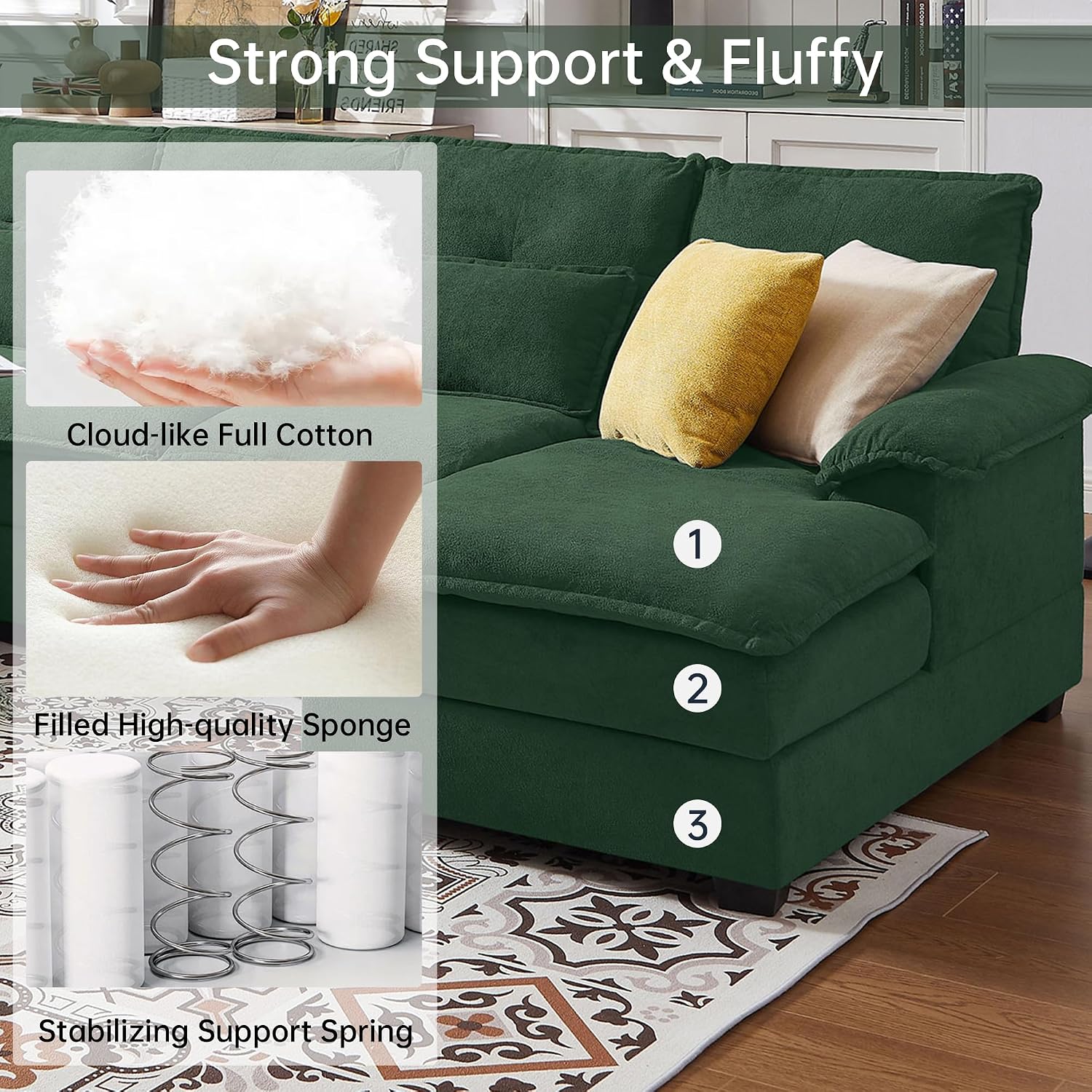 110' Comfy Cloud Couch Sectional Sofa with Lumbar Pillows, Modern U-Shaped Cloud Sofa with Double Chaise & Deep Seat for Living Room, or Office, Easy Assembly, Dark Green