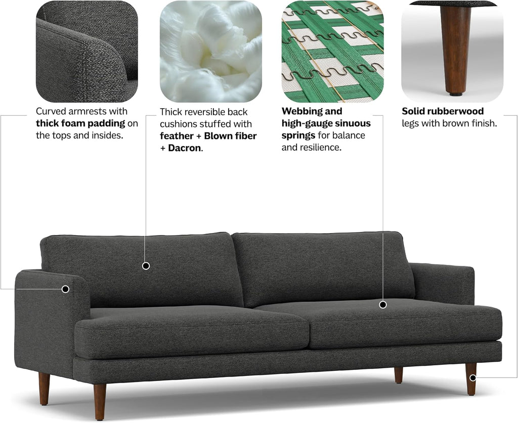 SIMPLIHOME Livingston 90-inch Wide Sofa in Charcoal Grey Woven-Blend Fabric, Handcrafted Mid-Century Modern Oversized 3-Seater Couch Sofa for Living Room or Family Room, Solid Wood Frame