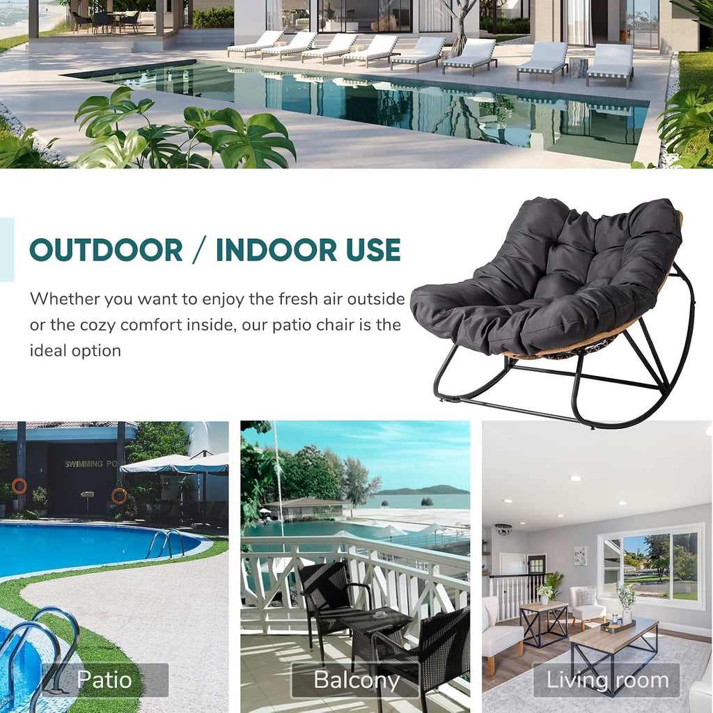 JOYBASE Outdoor Indoor Papasan Rocking Chair Set of 2, Oversized Papasan Rocker with Cushion, Patio Wicker Comfy Egg Chair for Backyard Bedroom Living Room Lounge Reading (Dark Grey)
