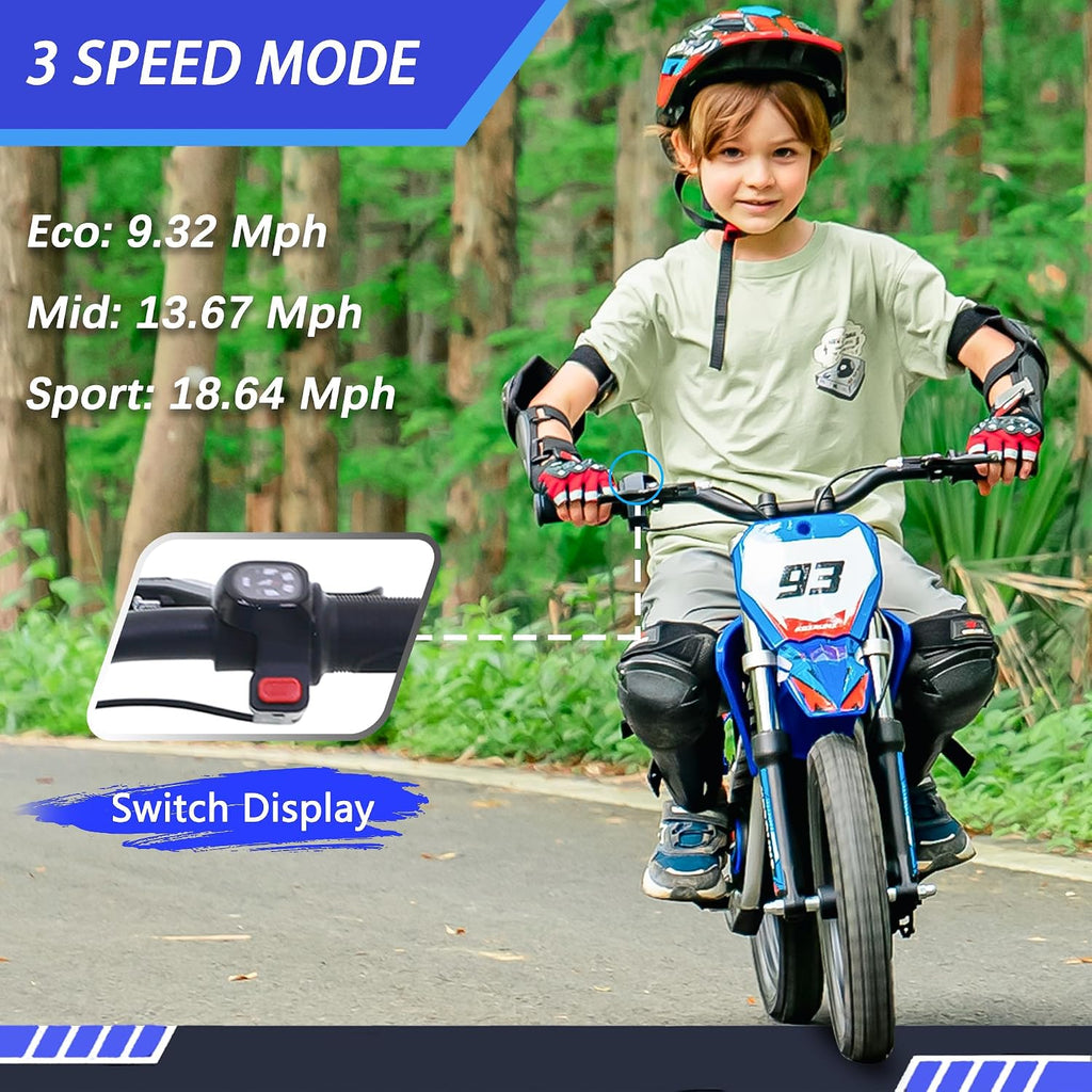OLALA 36V Electric Dirt Bike for Kids 4-8, 350W Brushless Motor with 3-Speed Control, 18.6 MPH Max Speed, 14' Off-Road Tires Motorcycle, for Boys & Girls, Blue