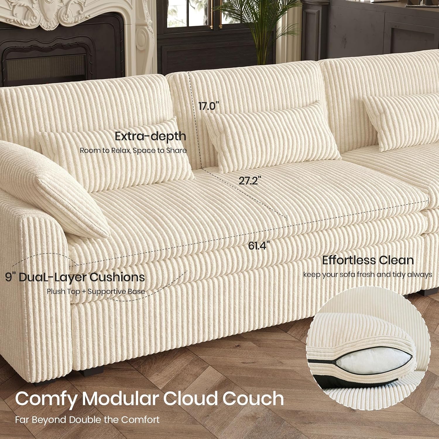 Belffin Large Modular Sectional Sofa with Deep Chaise Modular Sectional Loveseat Sofa with 9' Soft Dual-Layer 2 Seater Sofa Couch Corduroy Beige