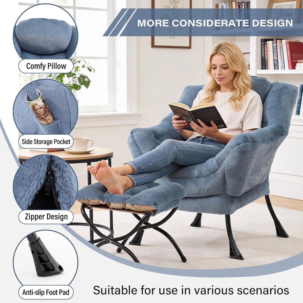MBOOYOME Lazy Chair with Folding Ottoman, Modern Accent Armchair with Armrests and a Side Pocket & Foldable Footstool, Reading Chair for Living Room, Bedroom & Dorm, Plush Light Blue