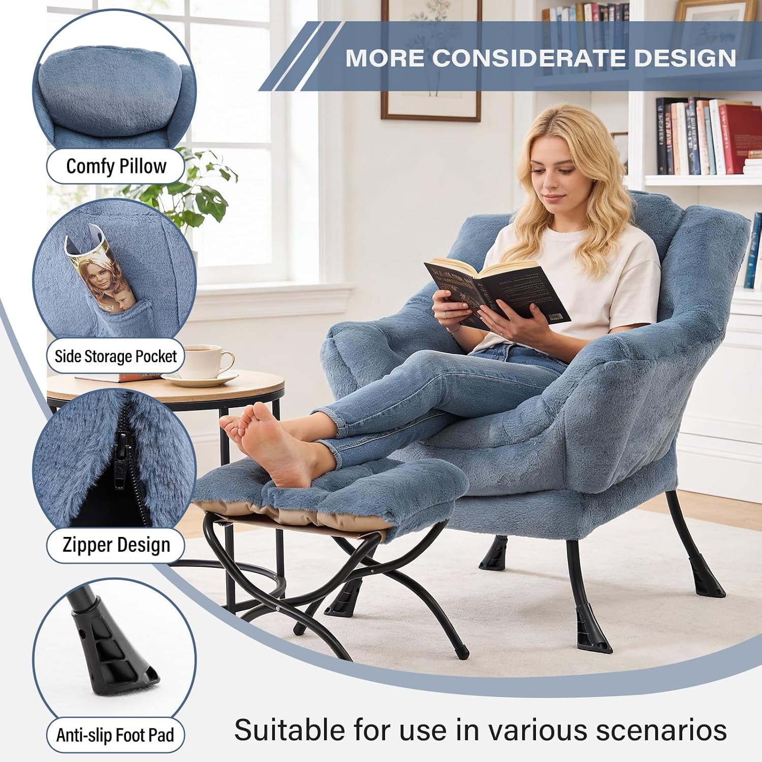 MBOOYOME Lazy Chair with Folding Ottoman, Modern Accent Armchair with Armrests and a Side Pocket & Foldable Footstool, Reading Chair for Living Room, Bedroom & Dorm, Plush Light Blue