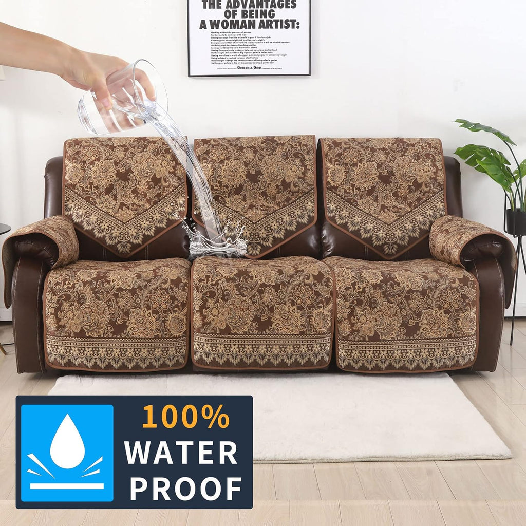 Waterproof Recliner Sofa Covers Non-Slip Recliner Couch Covers for 3 seat, Split Washable Jacquard Reclining Couch Covers Furniture Protecto (Brown, 3 Seater)