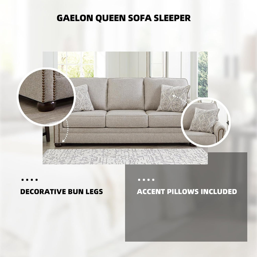 Signature Design by Ashley Gaelon Transitional 2-in-1 Sofa Sleeper with Folding Gel Memory Foam Mattress, Nailheads and 2 Accent Pillows, Queen, Beige