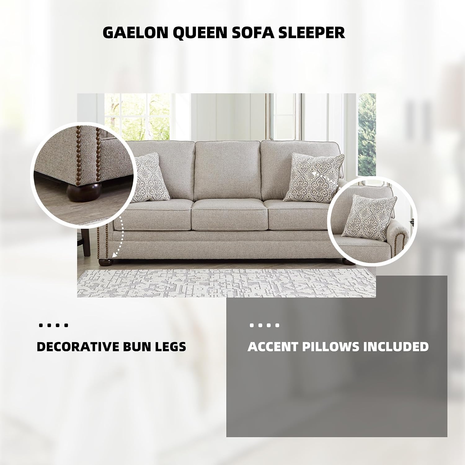 Signature Design by Ashley Gaelon Transitional 2-in-1 Sofa Sleeper with Folding Gel Memory Foam Mattress, Nailheads and 2 Accent Pillows, Queen, Beige