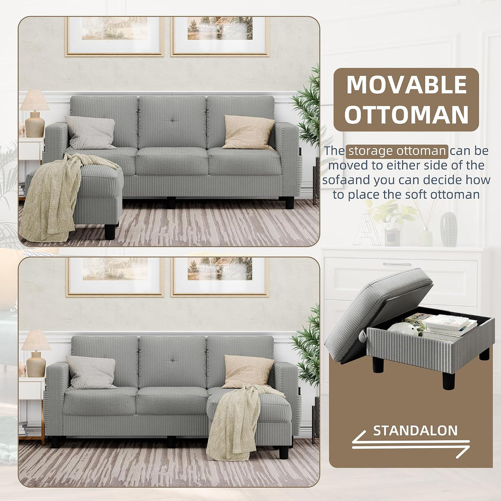 Convertible Sectional Sofa with Storage Ottoman, 77' L-Shaped 3-Seat Couch with Skin-Friendly Corduroy Fabric, Reversible Small Sectional for Small Space, Apartment, Living Room and Office (Grey)