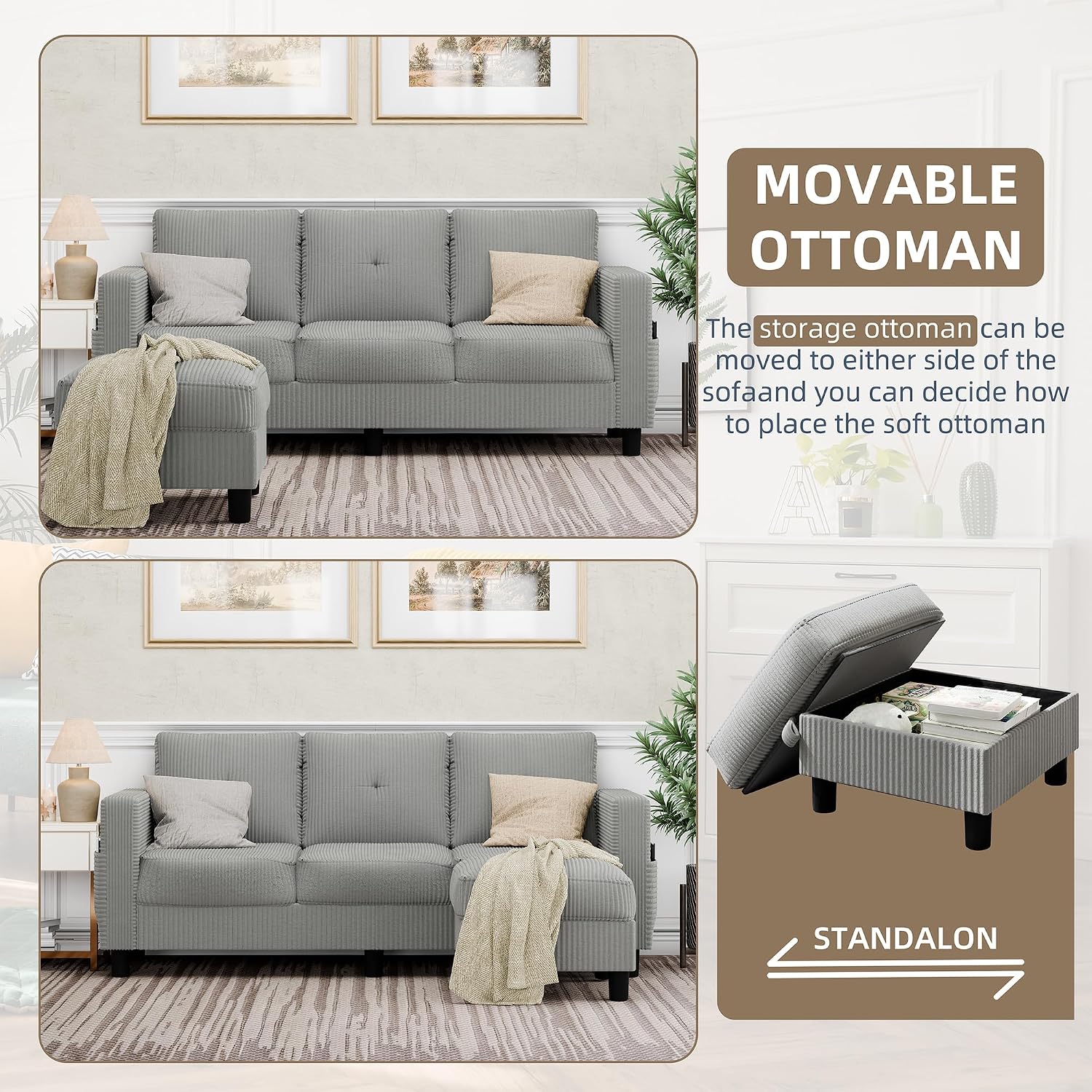 Convertible Sectional Sofa with Storage Ottoman, 77' L-Shaped 3-Seat Couch with Skin-Friendly Corduroy Fabric, Reversible Small Sectional for Small Space, Apartment, Living Room and Office (Grey)