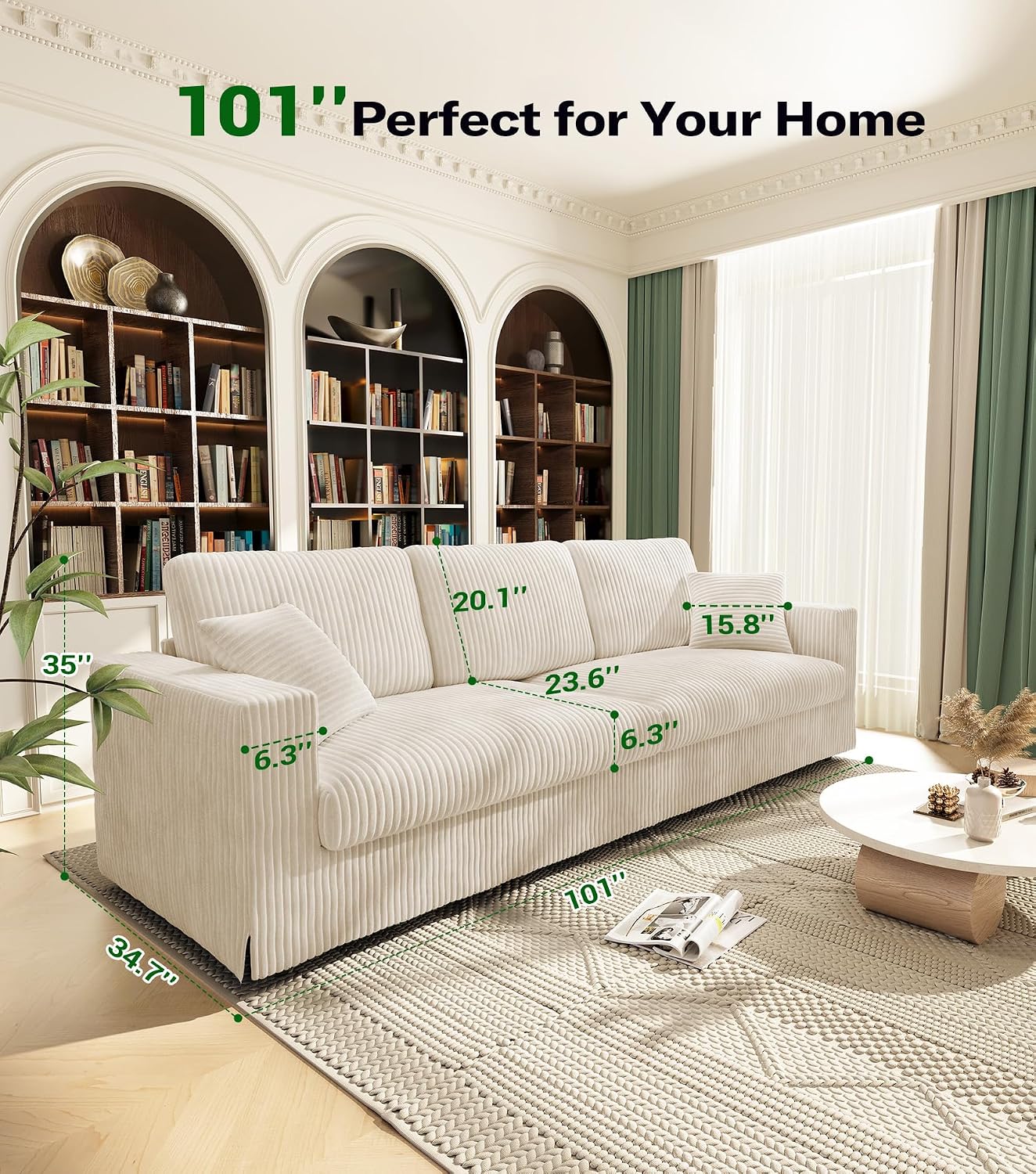 Welzona Corduroy Sofa Couch, 101' Comfy Couches for Living Room, Beige | 24' Extra Deep Seat, Tool-Free Sofas, All-Wood Loveseat, 2 Pillows Included, 850lbs Load-bearing