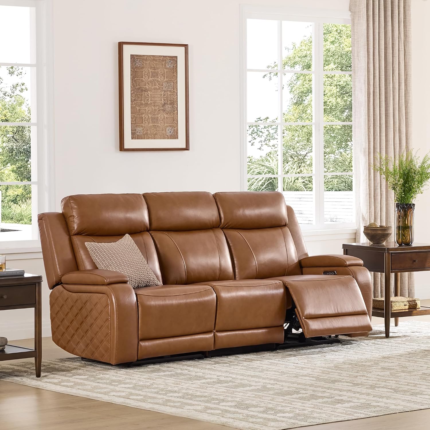 Watson & Whitely Genuine Leather Power Recliner Sofa, 3 Seater Zero Gravity Reclining Couch with Power Headrest & Flip Middle Backrest Table, Hidden Storage, Cup Holders for Living Room, Saddle Brown