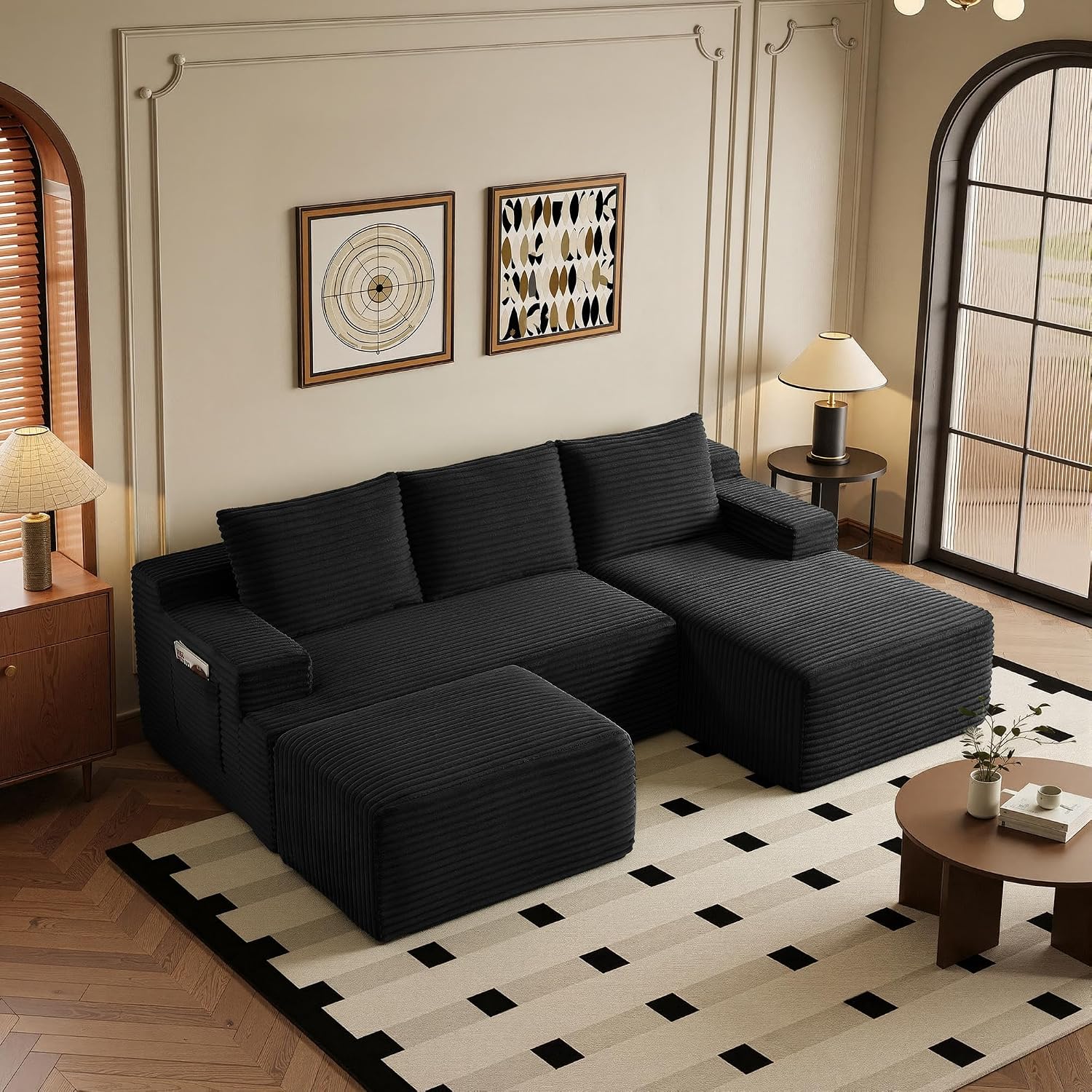 96''Sectional Couches for Living Room,Modern Modular Sectional Sofa,Upholstered Boneless Couch Comfy Cloud Couch with L Shaped Chaise (Black, 96''W Right Facing Chaise+Ottoman)