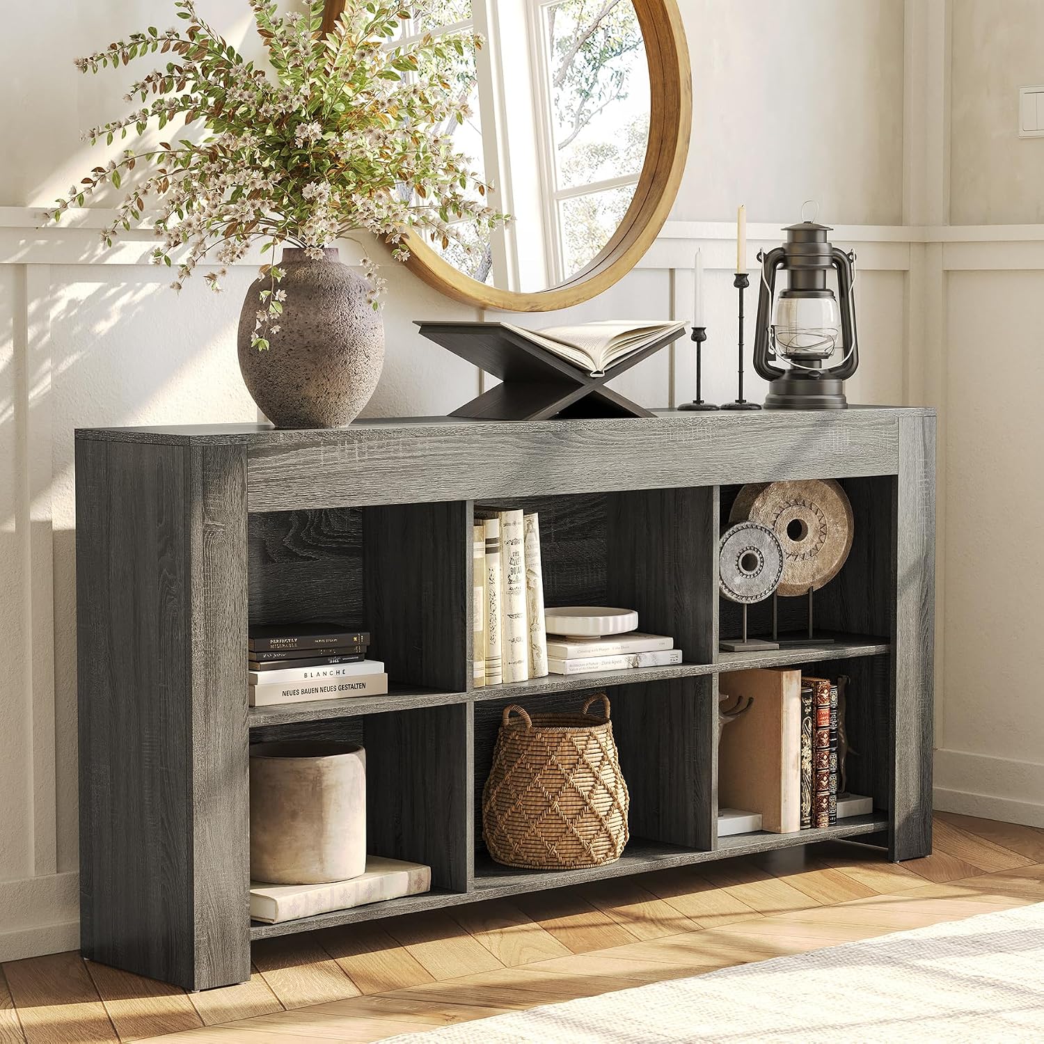 LITTLE TREE Console Table with Storage, 63-Inch Long Sofa Table, Entryway Table with Cubes, Farmhouse Storage Shelves for Entryway, Living Room, Grey + Black