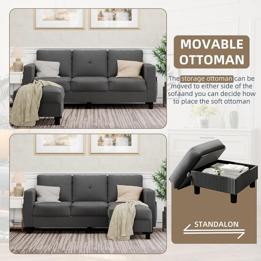 Convertible Sectional Sofa with Storage Ottoman, 77' L-Shaped 3-Seat Couch with Skin-Friendly Corduroy Fabric, Reversible Small Sectional for Small Space, Apartment, Living Room and Office(Dark Grey)